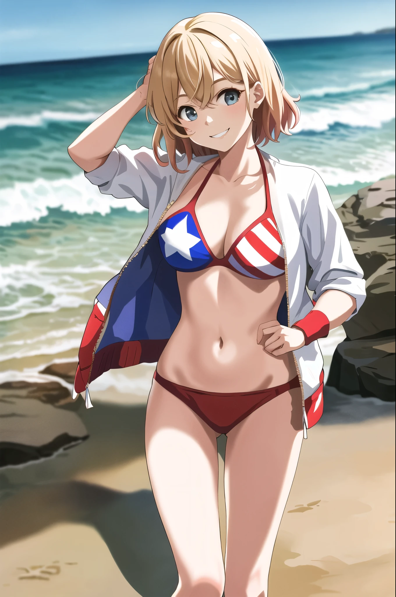 masterpiece, best quality, highres, nm1, swimsuit, american flag bikini,white jacket, cowboy shot, standing, smile, beach, bottom bikini