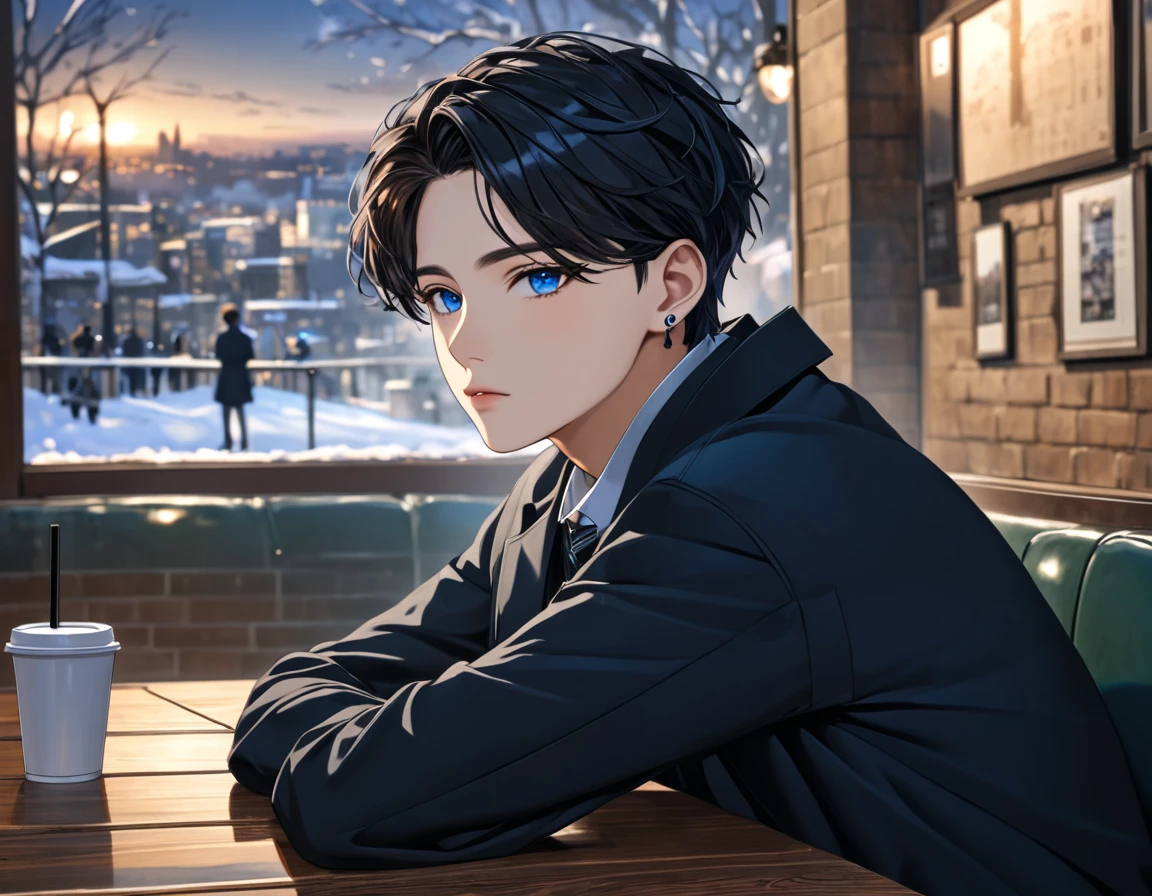 absurdres, highres, ultra detailed, HDR, master piece, best quality, extremely detailed face, delicated features, Jaehwan , White and black hair, short hair, no fringe, without bangs, handsome hair, cool blue eyes, The World After The Fall, Alone, Sensual, Young face, black Korean School uniform fashion style, cold, Transparent, black, Boyfriend, Pierce, earring, cute boy, Draw a large background, From the side, anime,  KPOP model,  Cafe background, Draw a large background, sitting in the corner of a cafe, 4K, High image quality, Drink coffee