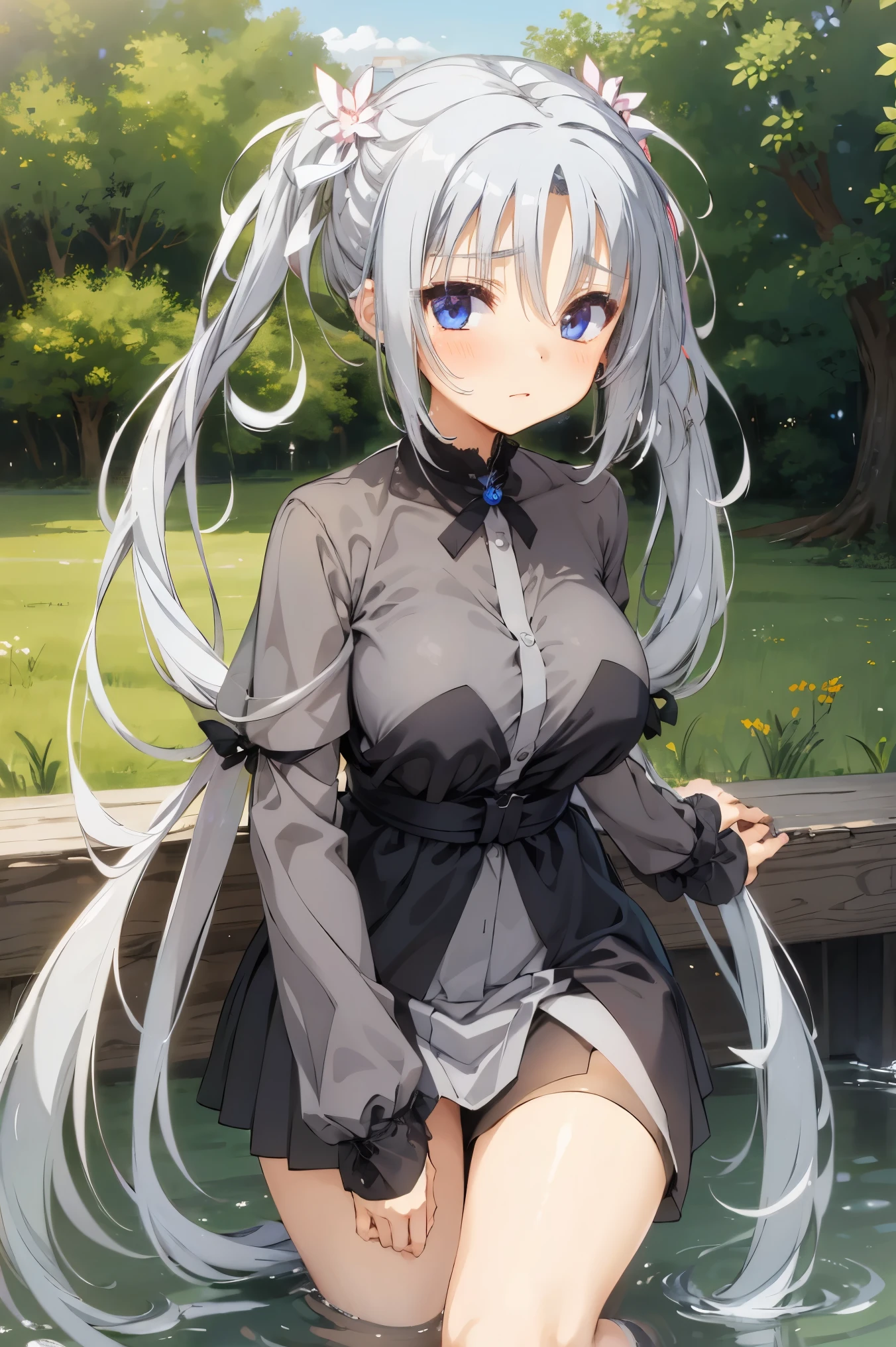 NSFW,masterpiece, best quality, Hi-Res, very detailed,Asatake Yoshino , very long hair、(Gray Hair:1.1)、 hair bow、Floating hair、 twin tails、 hair intake、 hair flower 、Hair accessories、bangs、 blue eyes