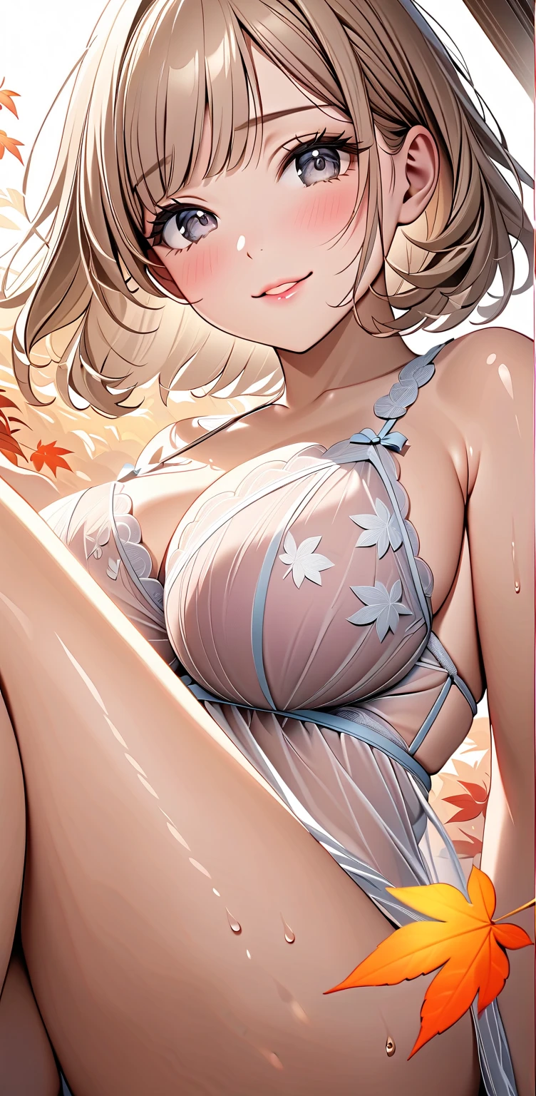  excited 、Koetsu、 dazzling light 、Big Breasts、  wet skin  、 Composition from below 、（Bent knees,  sitting::1.2）、（Silver-gray eyes）、  drool  、A composition that captures the whole body 、nsfw.（ transparent holographic pink embroidered lingerie :1.4）、1 female, (  focus on lower body   ,  pointing to the front of the crotch    :1),      a woman with a gentle expression  、  （  soft natural light brown hair color  ）,    natural light that you hold in front of your mouth creates shadows that are gentle on your face ,    soft short wavy hair and smooth skin  , Warm light shines in,   A little star shining in your eyes  ,    Long eyelashes ,  Soft lip line , Natural three-dimensional effect,    gentle smile touching your head, ((masterpiece)), ((  best quality )), (   very detailed ), (   very detailed )), 4K, (8k),    so beautiful,   absurd,  sweat、steam. excited 、Autumn leaves 、