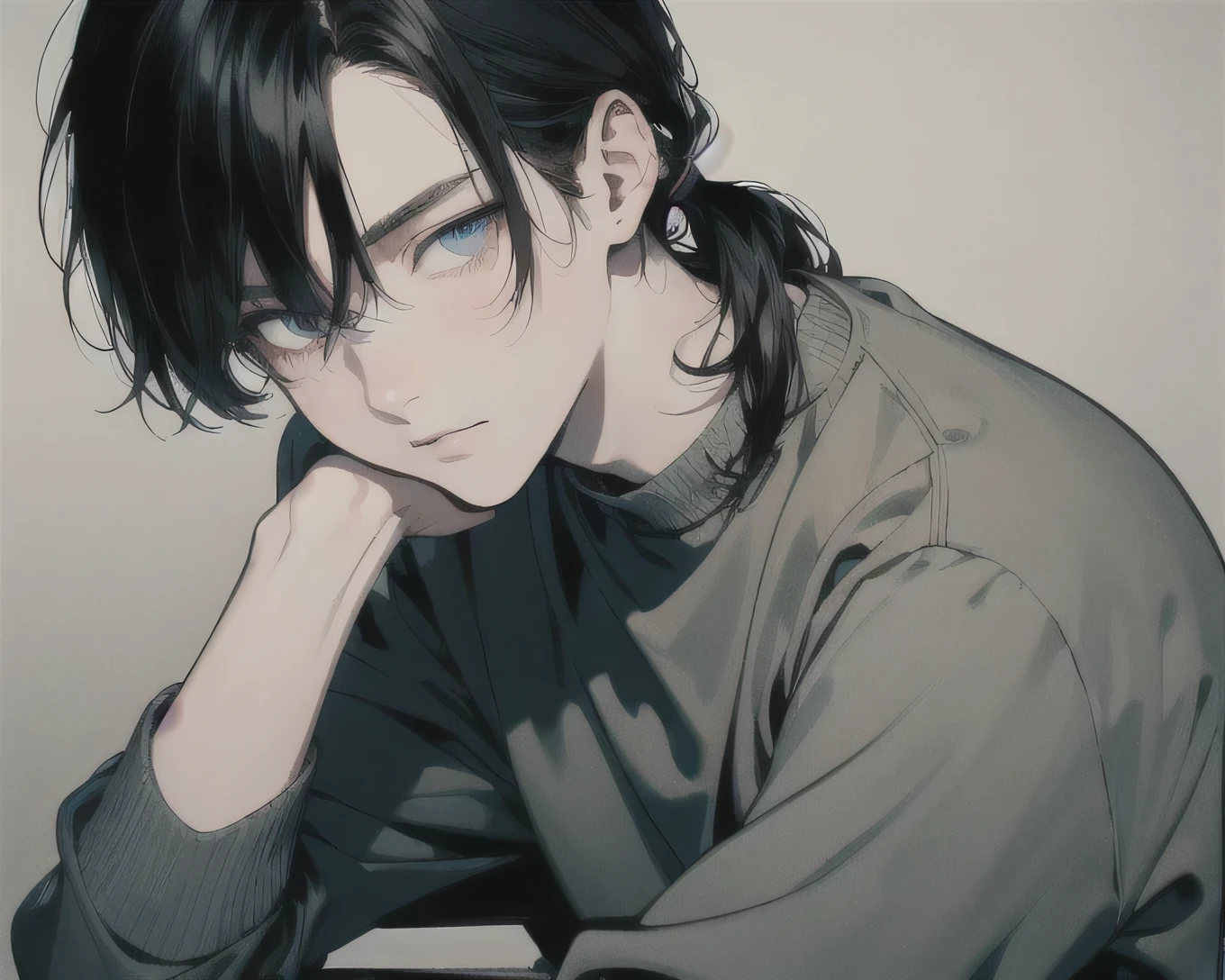Anime - style portrait of a man with a black hair and blue eyes - SeaArt AI