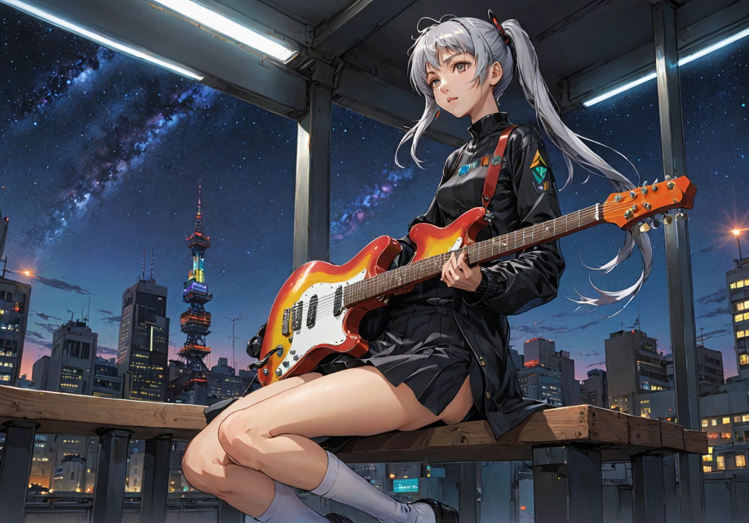 hoods,Chinese female,big breasts beautiful, guitar, neonlight,Mandal Broad-Flagta Art,Love to look at books