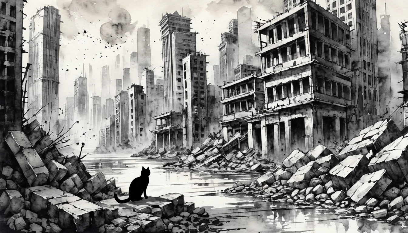 日本のInk Painting, Ink Painting, Ink Painting, 日本のInk Painting,  skyscrapers , Metropolis,  Cyberpunk ,cat, blue sky