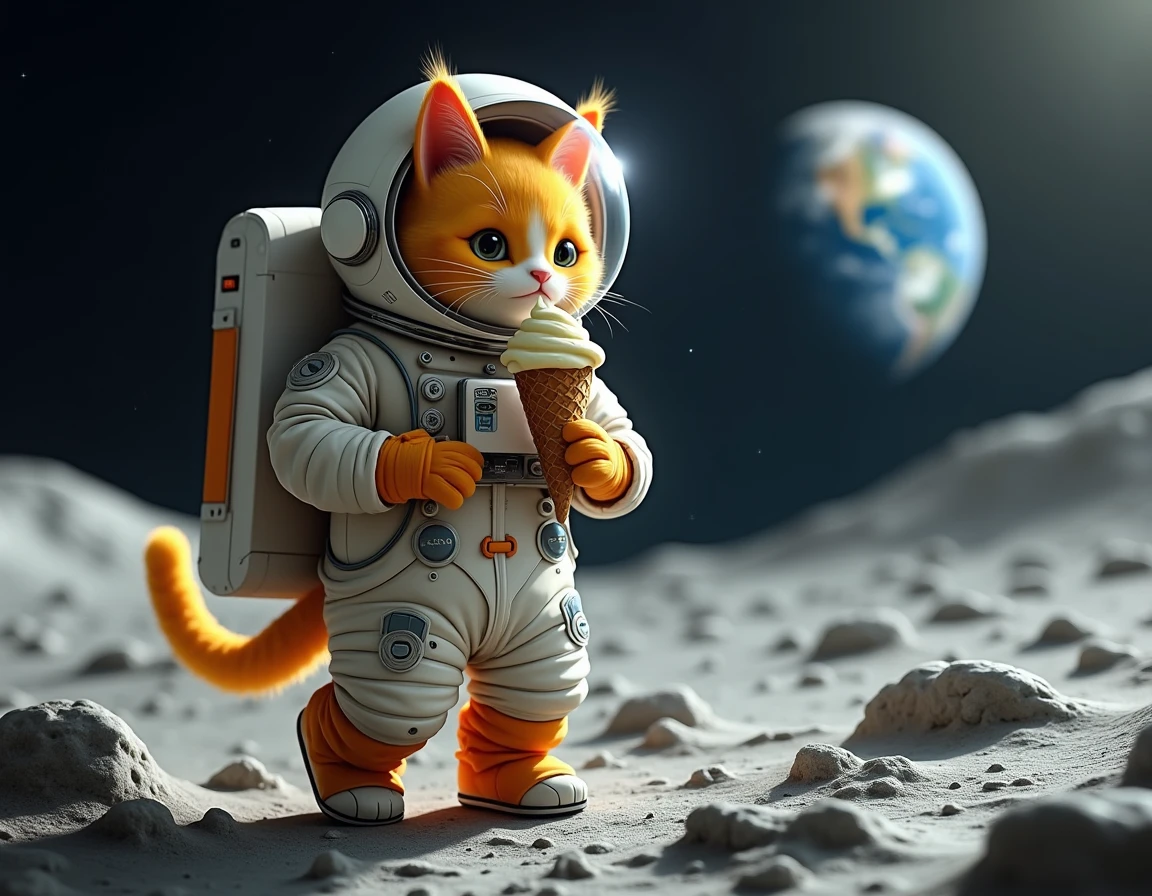 a yellow cat wearing an astronaut suit eating ice cream walking on the moon realistic image