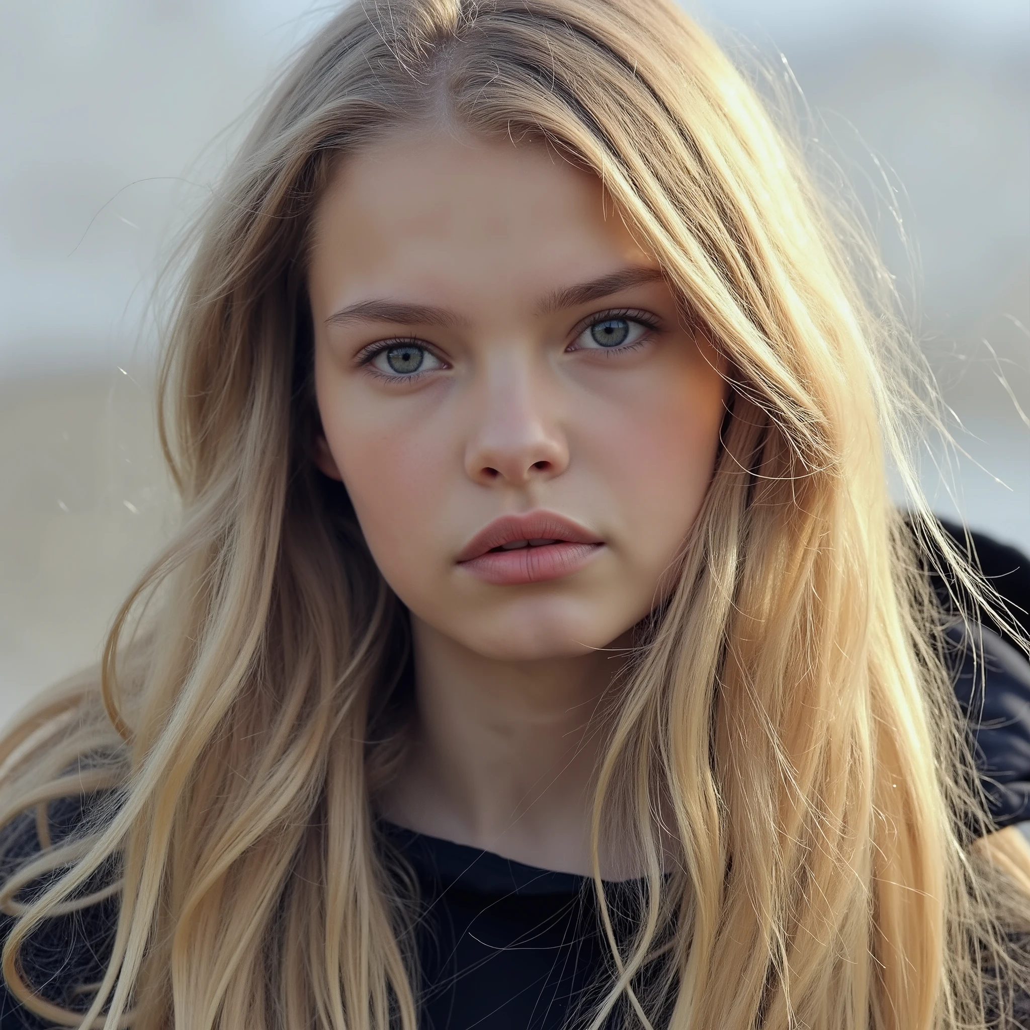  8k resolution, ultra-sharp focus, hyper-realistic details, cinematic lighting, high dynamic range (HDR), detailed textures, focus on face, clarity of skin texture, premium magazine quality, soft background bokeh, a high definition, ultra-realistic professional photo of a European Caucasian young supermodel with perfectly detailed facial features. A striking young blonde elven enchantress with sharp, aristocratic features and eyes the color of molten gold. Her ethereal beauty is accentuated by her impossibly smooth, alabaster skin and her slender, statuesque build—narrow shoulders, a taut frame, and elegantly long legs that make her seem taller than life. Her attire is a fusion of ancient and modern styles: a fitted bodice of enchanted leather with glowing runes, paired with a flowing cloak that dances with invisible winds. She stands in a grand library of crystal and shadow, her delicate fingers tracing the edge of a spellbound tome. Her expression is one of quiet confidence, blending the allure of a top model with the wisdom of a timeless mage,
