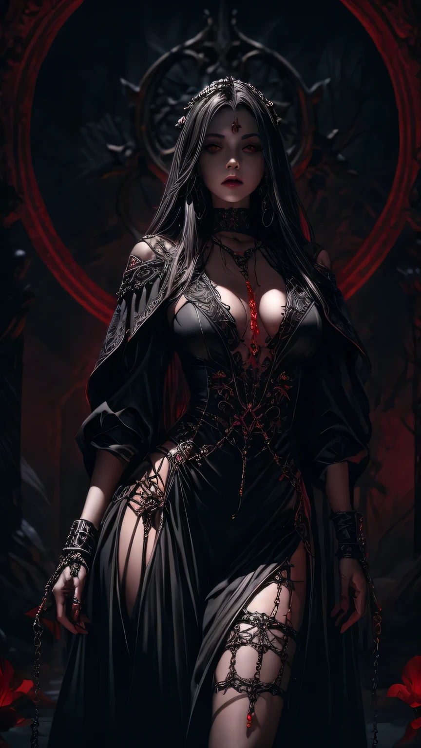 woman, ultra high details, dark fantasy, grim background, bloom, glowing red irises, dark environment, bloody theme, sharp chains, hips up, witch, nardack, pale skin,