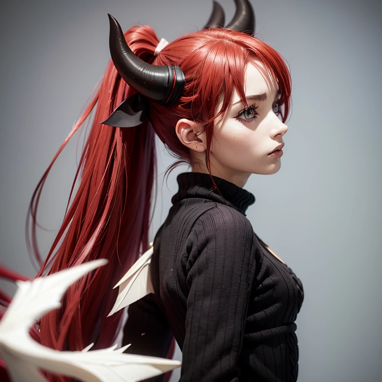 A succubus girl with wings on her back ,  she has an arrow-shaped tail , Pointed ears, curled horns, red-haired,  long hair( ponytail ), (loose strands),  wearing a sexy feminine sweater with side and back slits(black sweater), ( best quality ), (ultra detailed), ( intricate details ), (perfect anatomy), (neutral background)