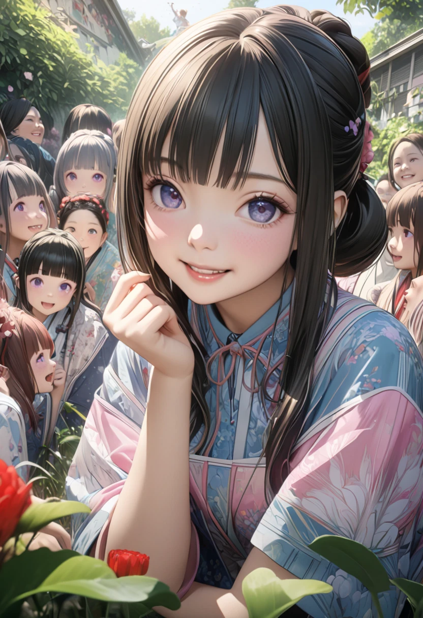 (Ultra-realistic), ( Hi-Res), (8k), ( several people having fun with each other while having very detailed ), ( best quality), ( beautiful double eyelids), ( several people having fun with each other while having very detailed ), (masterpiece), ( wallpaper), One cute girl,  detailed face ,  Wakino, Hair tied up,  inner color, garden, Detailed anime-style CG , automatic, 