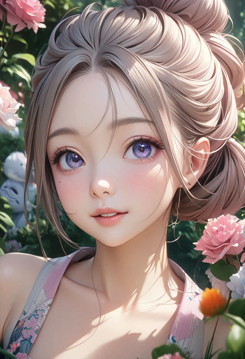 (Ultra-realistic), ( Hi-Res), (8k), ( several people having fun with each other while having very detailed ), ( best quality), ( beautiful double eyelids), ( several people having fun with each other while having very detailed ), (masterpiece), ( wallpaper), One cute girl,  detailed face ,  Wakino, Hair tied up,  inner color, garden, Detailed anime-style CG , automatic, 