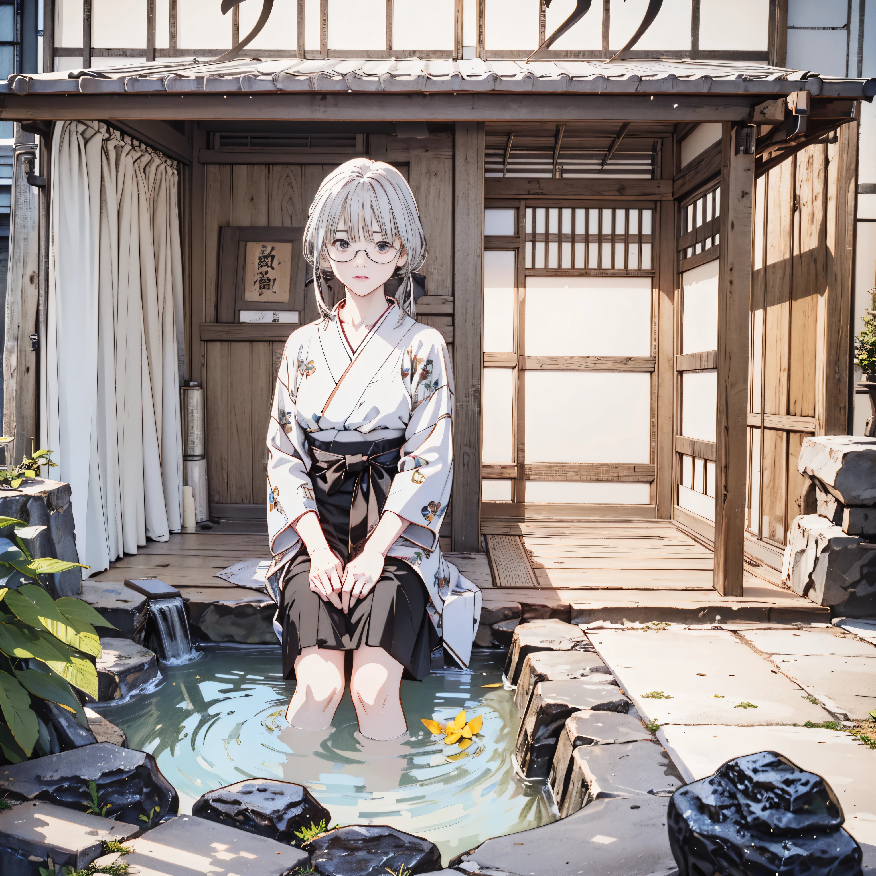 ((8k、Realistic、 RAW photo、 best quality: 1.3)、(real skin),beautiful expression、 ultra high resolution、beautiful、 soft、 slender body sitting in a rock bath ,Curvy , Beautiful detailed face,( one girl ,長い silver hair, ponytails,Glasses ),beautiful、 Shows Attractive and Unrealistic ,Honey, anime girl,Pixiv, Fascinating anime girl, mischief, mischief anime style, Iori, big soft boobs ,Honey, おNew Year、 has feathers , embarrassed、, silver hair , Kimono ,((Wearing glasses))、background:shrine、New Year、New Year、snake、