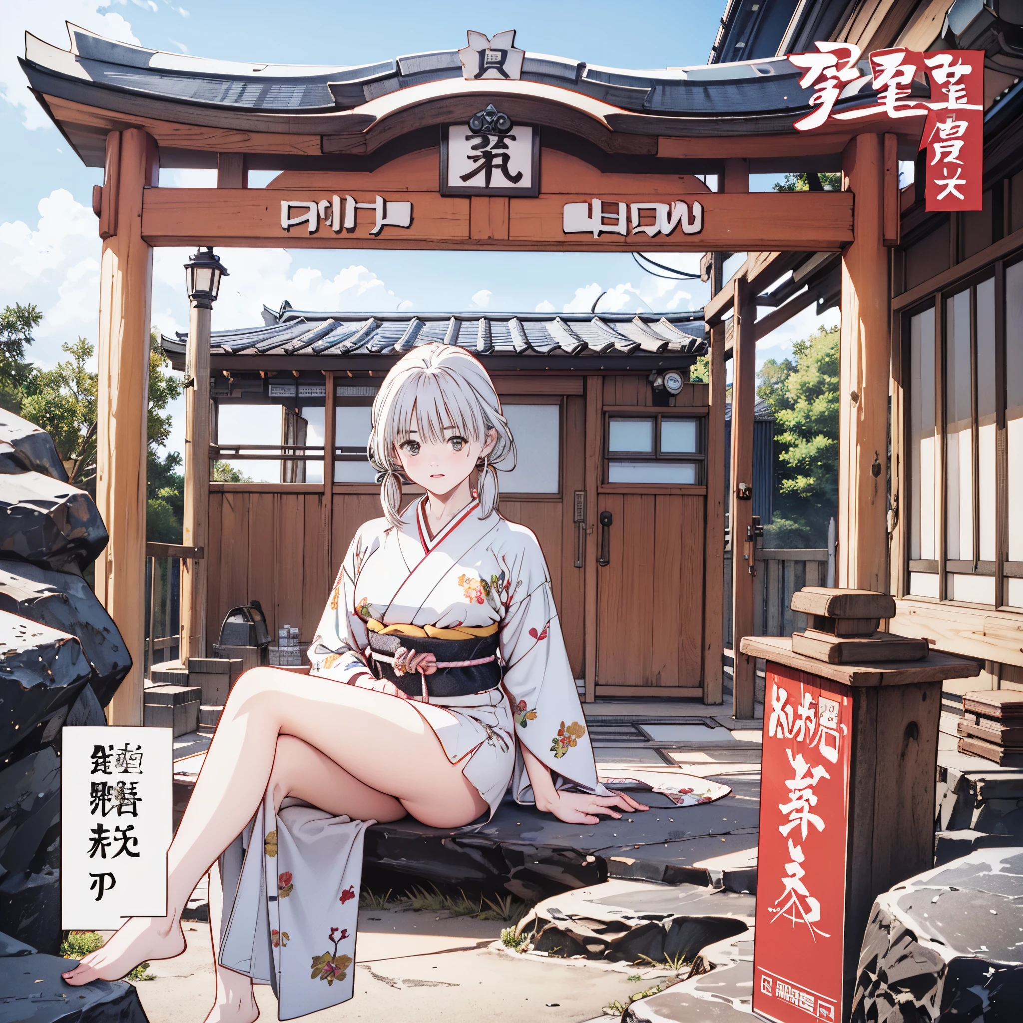 ((8k、Realistic、 RAW photo、 best quality: 1.3)、（real skin）,beautiful expression、 ultra high resolution、beautiful、 soft、 slender body sitting in a rock bath ,Curvy , beautiful詳細な顔, ,(( one girl ,長い silver hair, ponytails,Wearing glasses )),beautiful、魅力的で非Realistic,Honey, anime girl,Pixiv, Fascinating  anime girl, mischief, mischief anime style,, 大きい softおっぱい ,Honey,  , embarrassed、, silver hair , ((kimono ,New Year、New Year、shrine、Snake、Feathered ))、