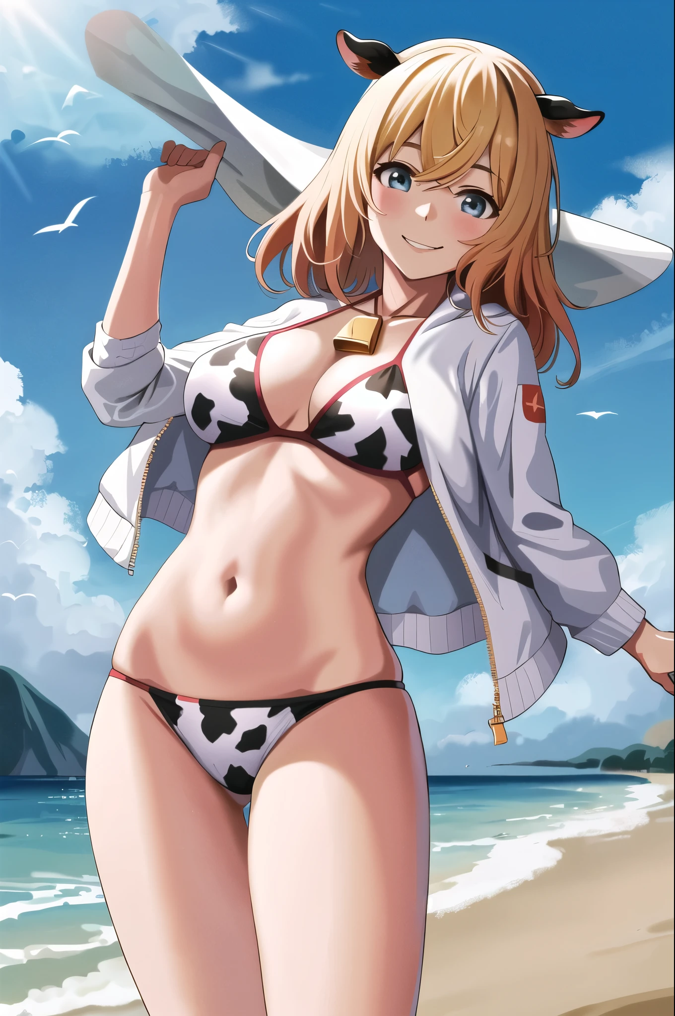 masterpiece, best quality, highres, nm1, swimsuit, cow print bikini,white jacket, cowboy shot, standing, smile, beach, bottom bikini, cameltoe