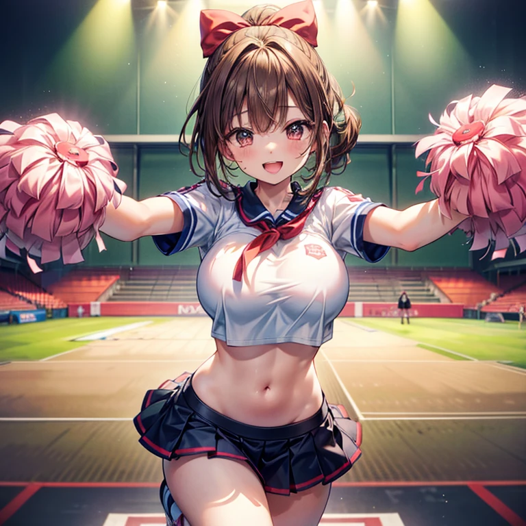 masterpiece,Highest quality,Very detailed,Dancing cheerleader beautiful girl, teenager,Brown hair ponytail,Beautiful and detailed eyes,skinny, full body,Dynamic