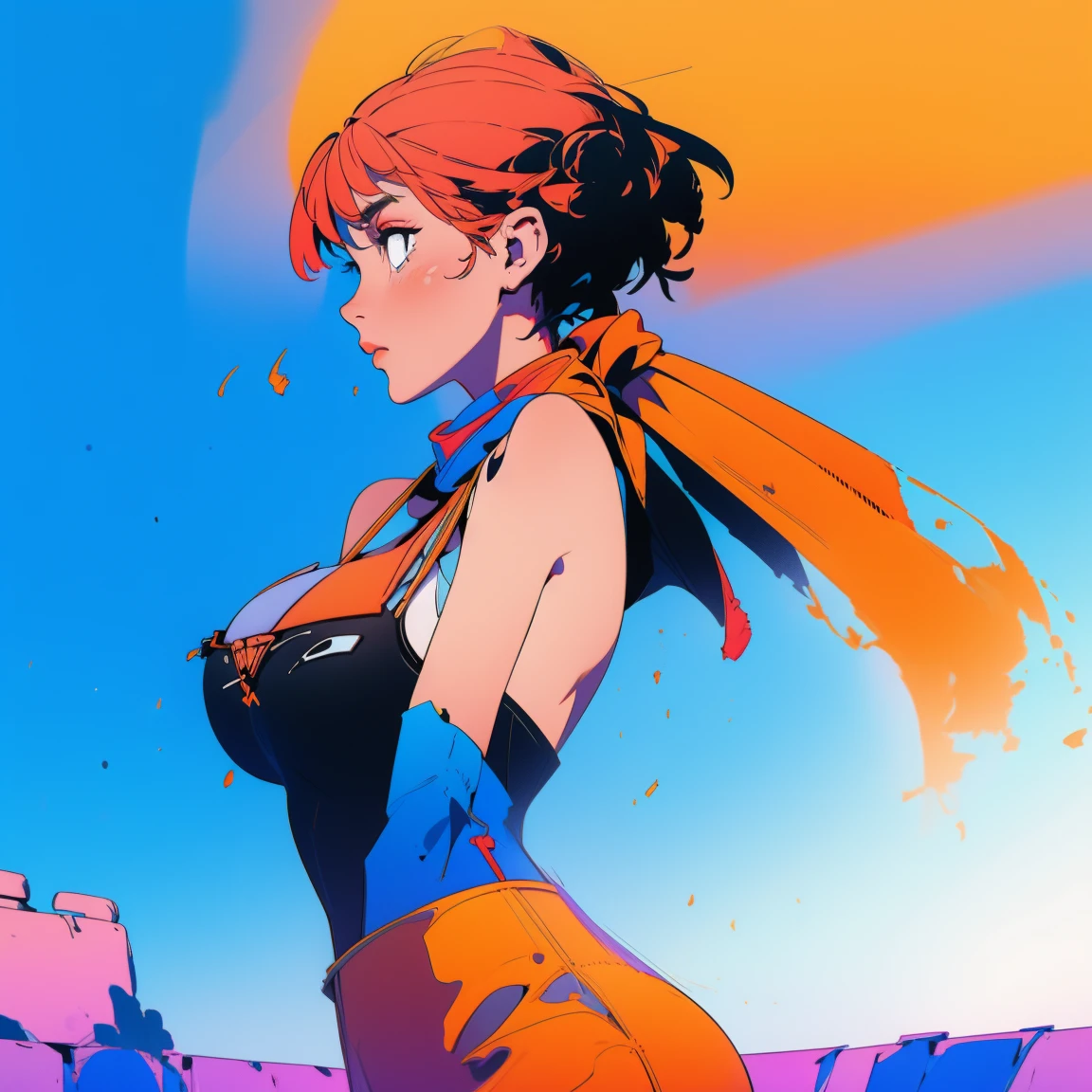 female 1 person、High image quality、 Hi-Res、 Very Big Breasts、Very big ass、large scarf 、 short hair、 sleeveless、 short spats, the wind is blowing 、 school pool 、flaty3ll0wblu3, glowing,cowboy shot,
