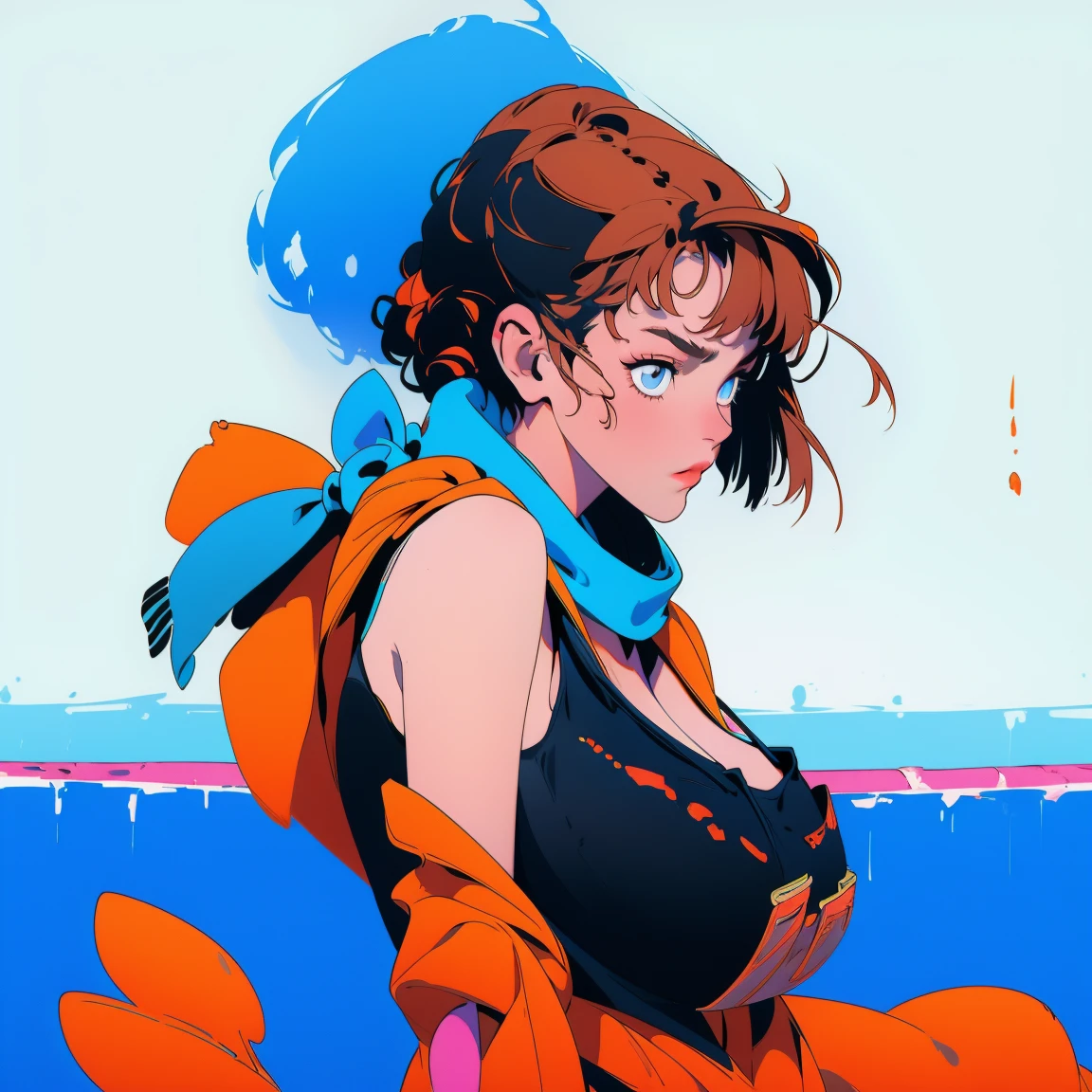 female 1 person、High image quality、 Hi-Res、 Very Big Breasts、Very big ass、large scarf 、 short hair、 sleeveless、 short spats, the wind is blowing 、 school pool 、flaty3ll0wblu3, glowing,cowboy shot,
