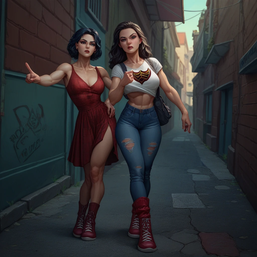 (extreme complexity, multiple subjects) A bunch of (cute, sexy outfit spider woman) stand in an alleyway in a confused stance, all of them pointing at one another
