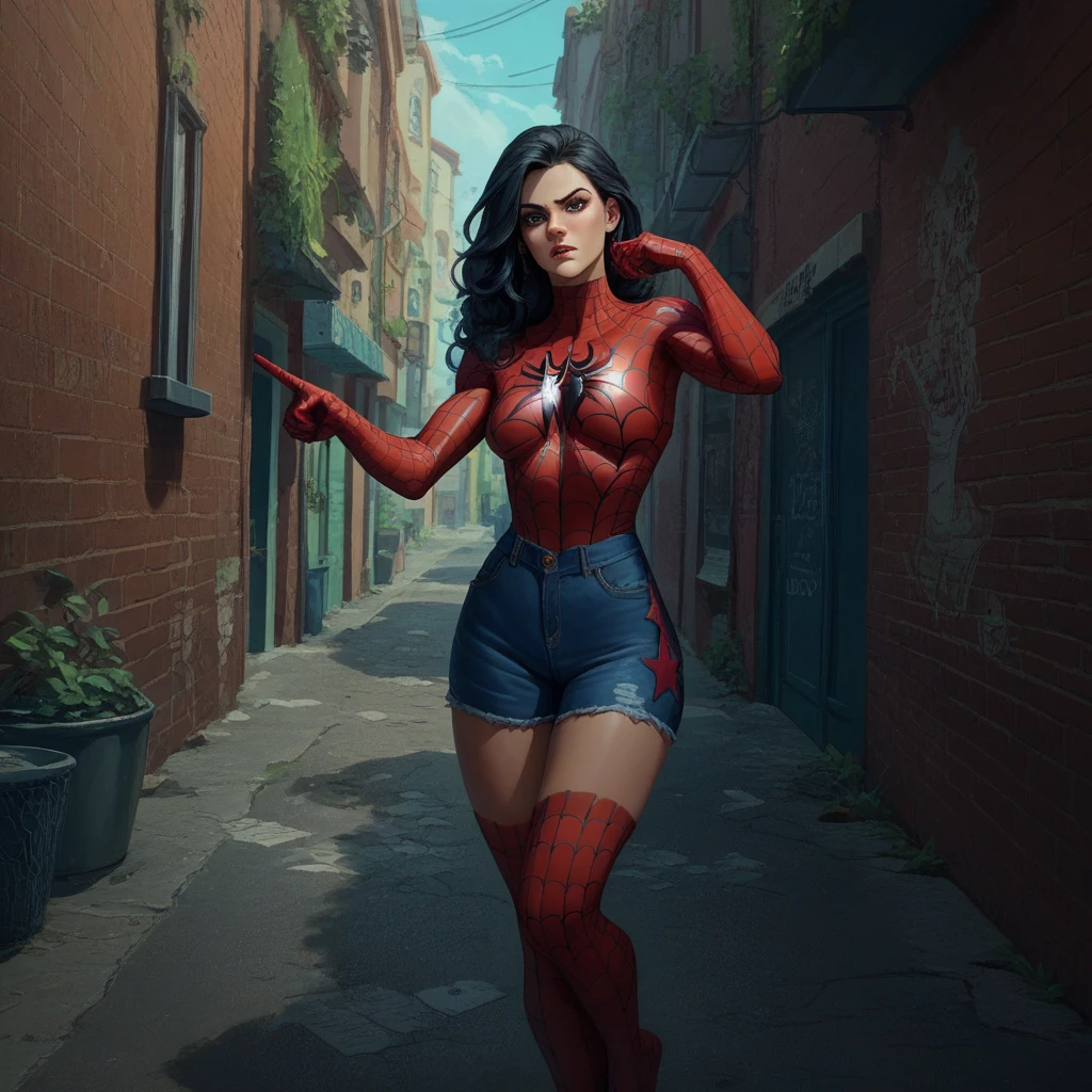 (extreme complexity, multiple subjects) A bunch of (cute, sexy outfit spider woman) stand in an alleyway in a confused stance, all of them pointing at one another
