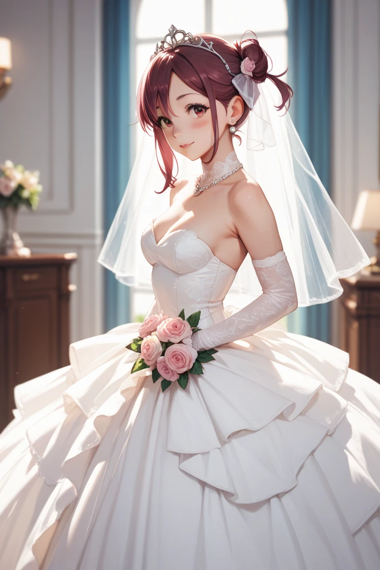 (masterpiece, top quality, best quality, official art, beautiful and aesthetic:1.2), (1girl:1.3), extremely detailed, official artstyle, highest detailed, parted lips,wallpaper, pink eyes, long hair, beautiful red hair, ponytail hairstyle, elf ears, two horns, black horns, bangs, (happiness, beautiful smile, happy expression, happy face), small breast, ((Wedding dress, chies, Bridal veil, Wedding, Bouquet)),(cowboy shot), holding a flower, cowboy shot, wedding vibes