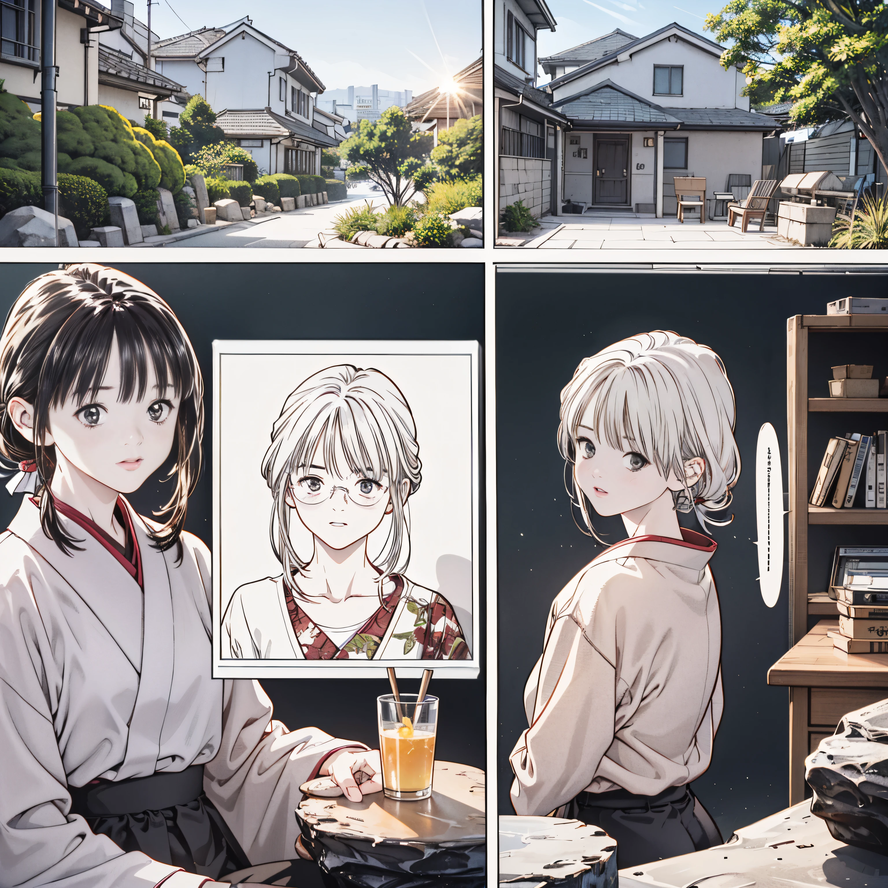 ((8k、Realistic、 RAW photo、 best quality: 1.3)、(real skin),beautiful expression、 ultra high resolution、 Beautiful Girl、 soft、 slender body sitting in a rock bath ,Curvy , Beautiful detailed face,( one girl ,長い silver hair, ponytails,Glasses ),beautiful、 Shows Attractive and Unrealistic ,Honey, anime girl,Pixiv, Fascinating anime girl, mischief, mischief anime style, Iori, big soft boobs ,Honey, おNew Year、 has feathers , realistic portrait , silver hair , Kimono ,((Wearing glasses))、background: sunrise、New Year、New Year、zodiac、Snake age 、