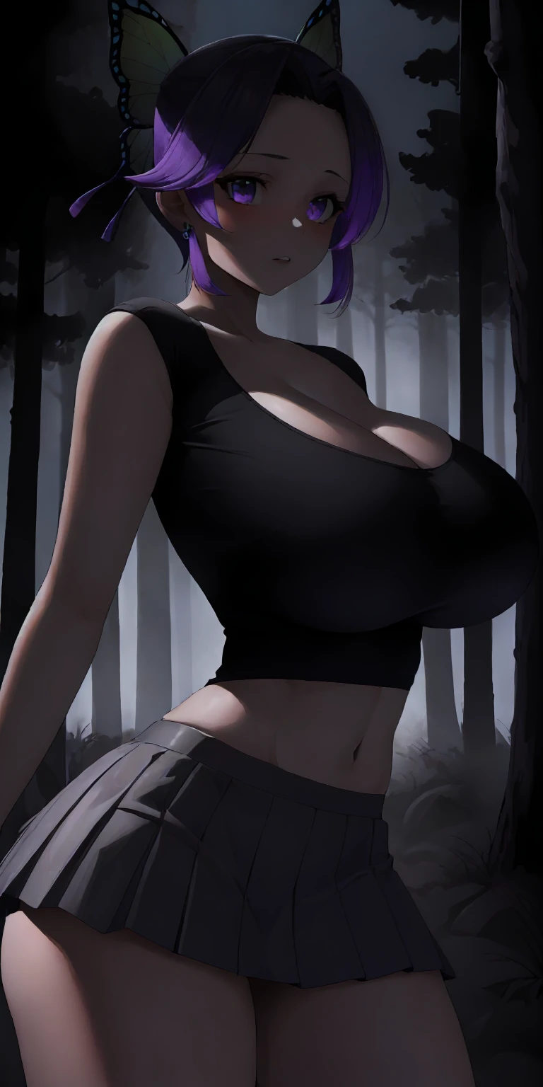 masterpiece, best quality, extremely detail 8k cg, high resolution, 1girl, solo, mature female, shinobu kochou, black hair, butterfly hair ornament, forehead, gradient hair, hair ornament, multicolored hair, parted bangs, purple hair, short hair, two-tone hair, tan skin, jewelry, big boobs, gigantic breasts, cleavage, pleated skirt, miniskirt, black shirt, taut clothes, midriff, navel, tutututu, night time, outdoors, forest, beautiful face, medium full shot, (at night, darkness, no light:1.4)