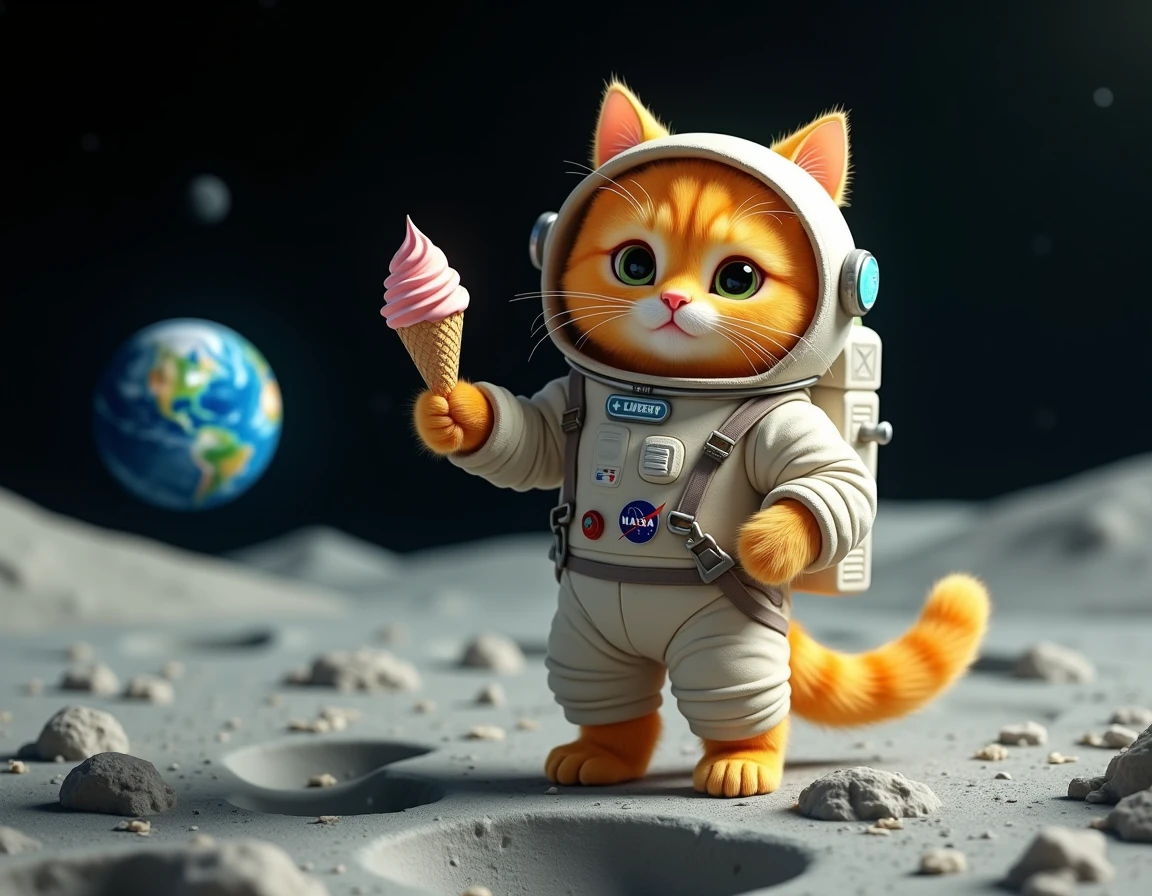 a yellow cat wearing an astronaut suit eating ice cream walking on the moon realistic image