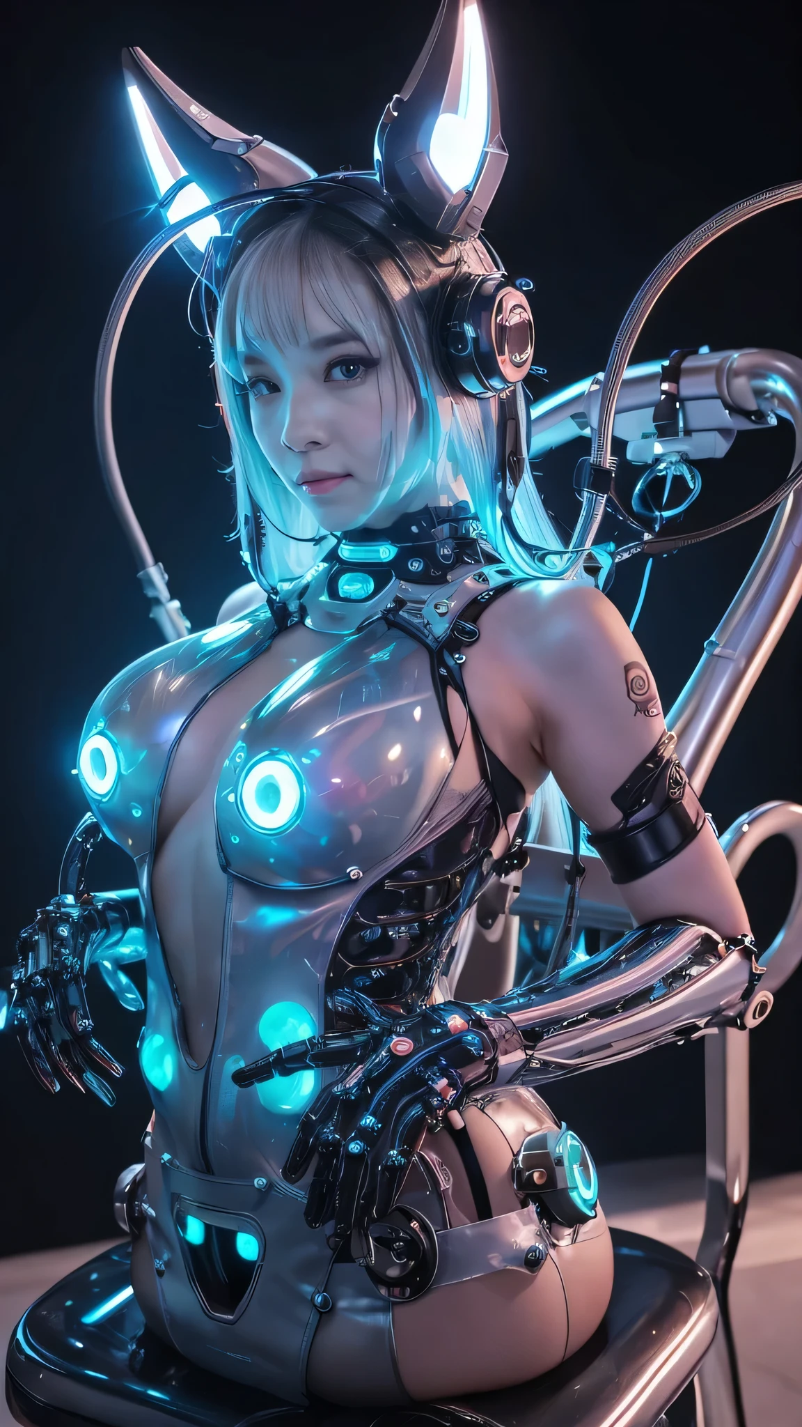 Beautiful Face,face is Japan, 1 Female, Big, Curvaceous, Top Quality, Masterpiece, Ultra Detailed, (Tube Attached Blood Vessel)((Bikini Cyborg Robot Parts)))), (Light Grey Hair), Long Hair, Wavy Hair, Twin Tails, Medium Shot, (((Seductive Smile)), (Black Eyes), Princess Cut,From Below, (whole body ),posing,,in the laboratory,( blood vessel connected to a tube),((mechanical vertebrae attached to the back)),((mechanical neck attached to the neck)),(wire cable attached to the head and body),(character focus),science fiction,
