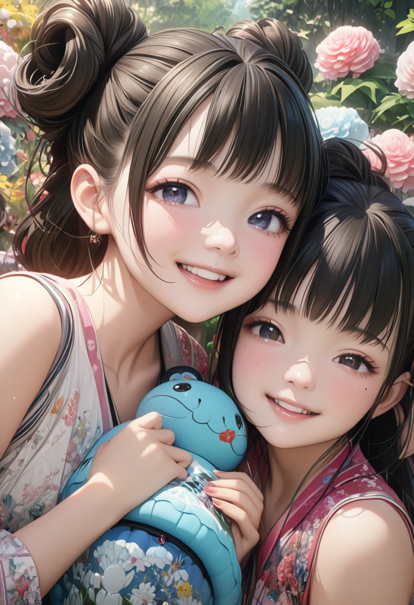 (Ultra-realistic), ( Hi-Res), (8k), ( several people having fun with each other while having very detailed ), ( best quality), ( beautiful double eyelids), ( several people having fun with each other while having very detailed ), (masterpiece), ( wallpaper), One cute girl,  detailed face ,  Wakino, Hair tied up,  inner color, garden, Detailed anime-style CG , automatic, 