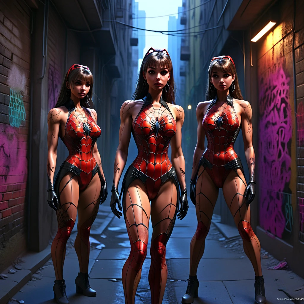 (a bunch of cute sexy outfit spider women standing in an alleyway, multiple subjects, extremely detailed, 4k, high resolution, hyperrealistic, photorealistic, intricate details, cinematic lighting, dramatic shadows, vibrant colors, dynamic poses, intense expressions, complex backgrounds, industrial setting, urban environment, graffiti walls, neon lights, mysterious atmosphere)
