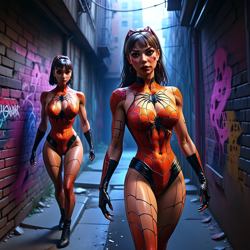 (a bunch of cute sexy outfit spider women standing in an alleyway, multiple subjects, extremely detailed, 4k, high resolution, hyperrealistic, photorealistic, intricate details, cinematic lighting, dramatic shadows, vibrant colors, dynamic poses, intense expressions, complex backgrounds, industrial setting, urban environment, graffiti walls, neon lights, mysterious atmosphere)
