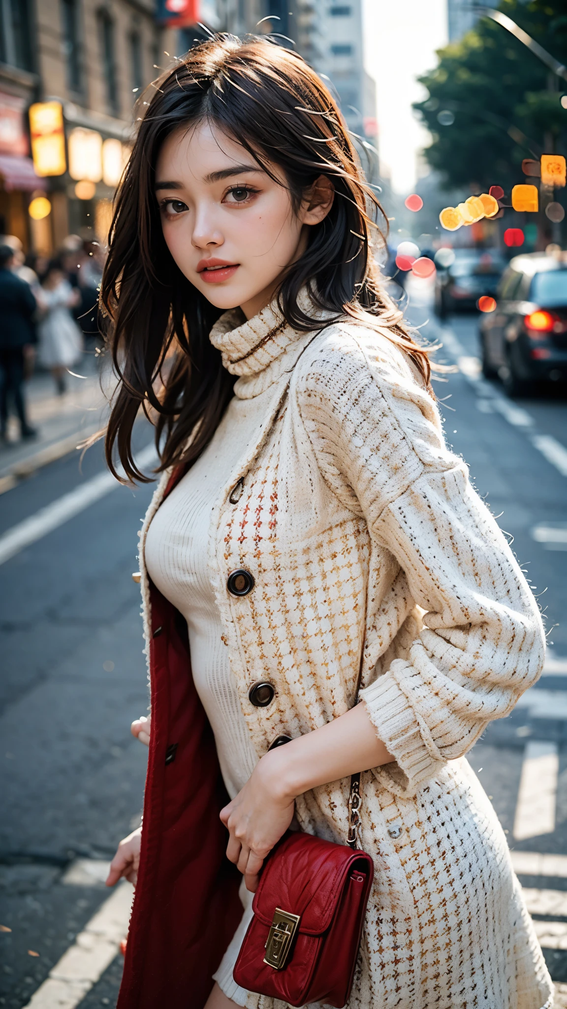 ((best qualtiy,tmasterpiece,超高分辨率)),(realisticlying:1.4),(Korean star poster-like),1girll,From head to knees,Dynamic posture,adult face,Slim,(ssmile),(shiny skins),(contours,frontage,eventide),whaite hair,long whitr hair,黑The eye,(big breasts)shion,((White plush coat)),Lace,(short skirt),(nevando:1.5,pedestrian street,The city in winter),(Clear eyes),(Clear nose),(Clear lips),(Fair skin),(Ultra-realistic textile textures)