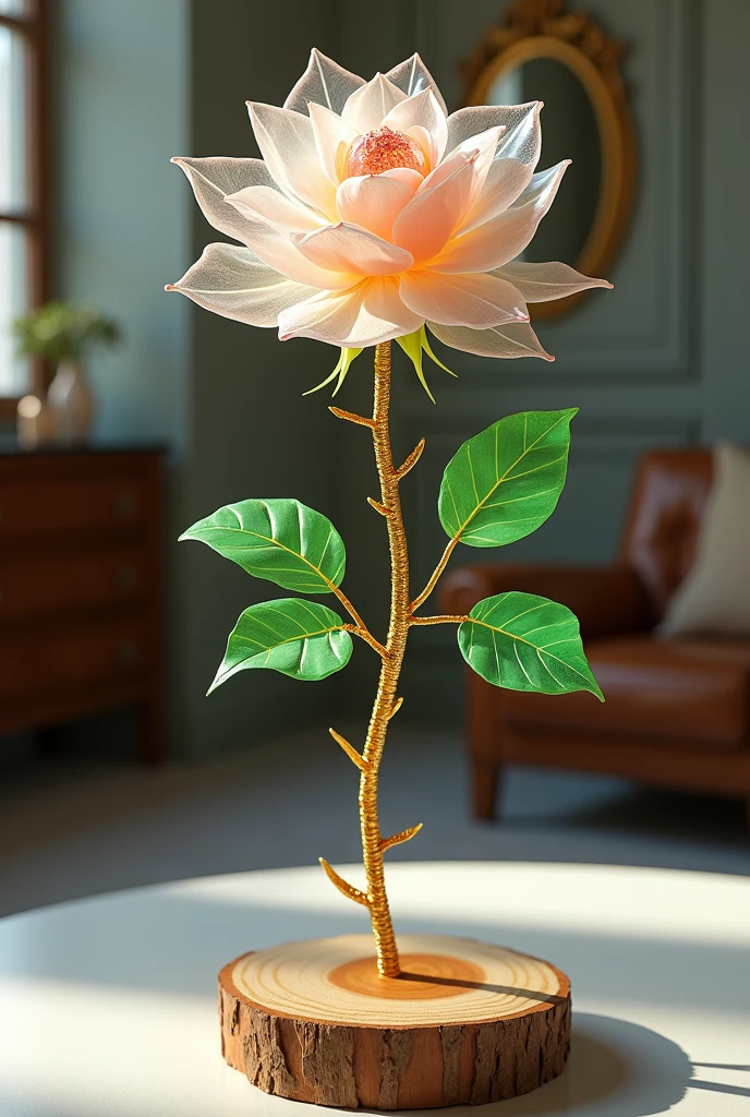 Made by Roses ,  Master's Hand Robot , (material glass:1.5) for roses, (white roses  :1.1), made from  (thin Glass :1.4), Beautiful Crystal Bud,  Each petal lets in light , transparency,  Gold Metal Weaven Stem,  Each Leaf is Bright Green ,  Standing in a Wooden Plank , rose, background room, Dresser , mirror, Beautiful, Excellent, 8 k, masterpiece,  better quality,  Maximum Quality ,  Complex Details ,  very clear details, ultra details,