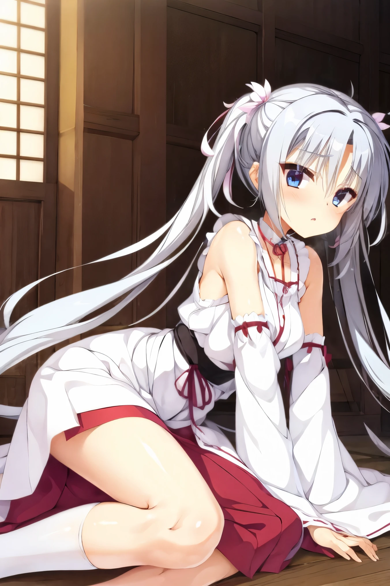 NSFW,masterpiece, best quality, Hi-Res, very detailed,Asatake Yoshino , very long hair、(Gray Hair:1.1)、 hair bow、Floating hair、 twin tails、 hair intake、 hair flower 、Hair accessories、bangs、 blue eyes,(Prostitute:1.5), choker、kimono、Shrine maiden、 white kimono、 Long Sleeve 、Sleeveless、Ribbon sleeves、Wide sleeves、Sleeves to wrist、 Medium Bust 、 long skirt、 hakama skirt、Red Hakama、 socks