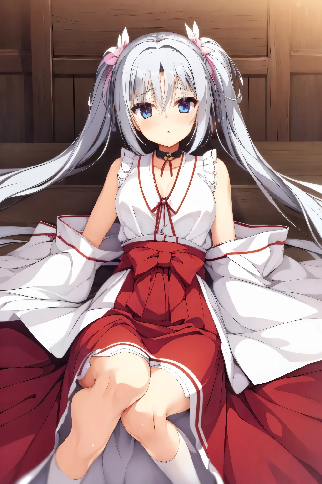 NSFW,masterpiece, best quality, Hi-Res, very detailed,Asatake Yoshino , very long hair、(Gray Hair:1.1)、 hair bow、Floating hair、 twin tails、 hair intake、 hair flower 、Hair accessories、bangs、 blue eyes,(Prostitute:1.5), choker、kimono、Shrine maiden、 white kimono、 Long Sleeve 、Sleeveless、Ribbon sleeves、Wide sleeves、Sleeves to wrist、 Medium Bust 、 long skirt、 hakama skirt、Red Hakama、 socks