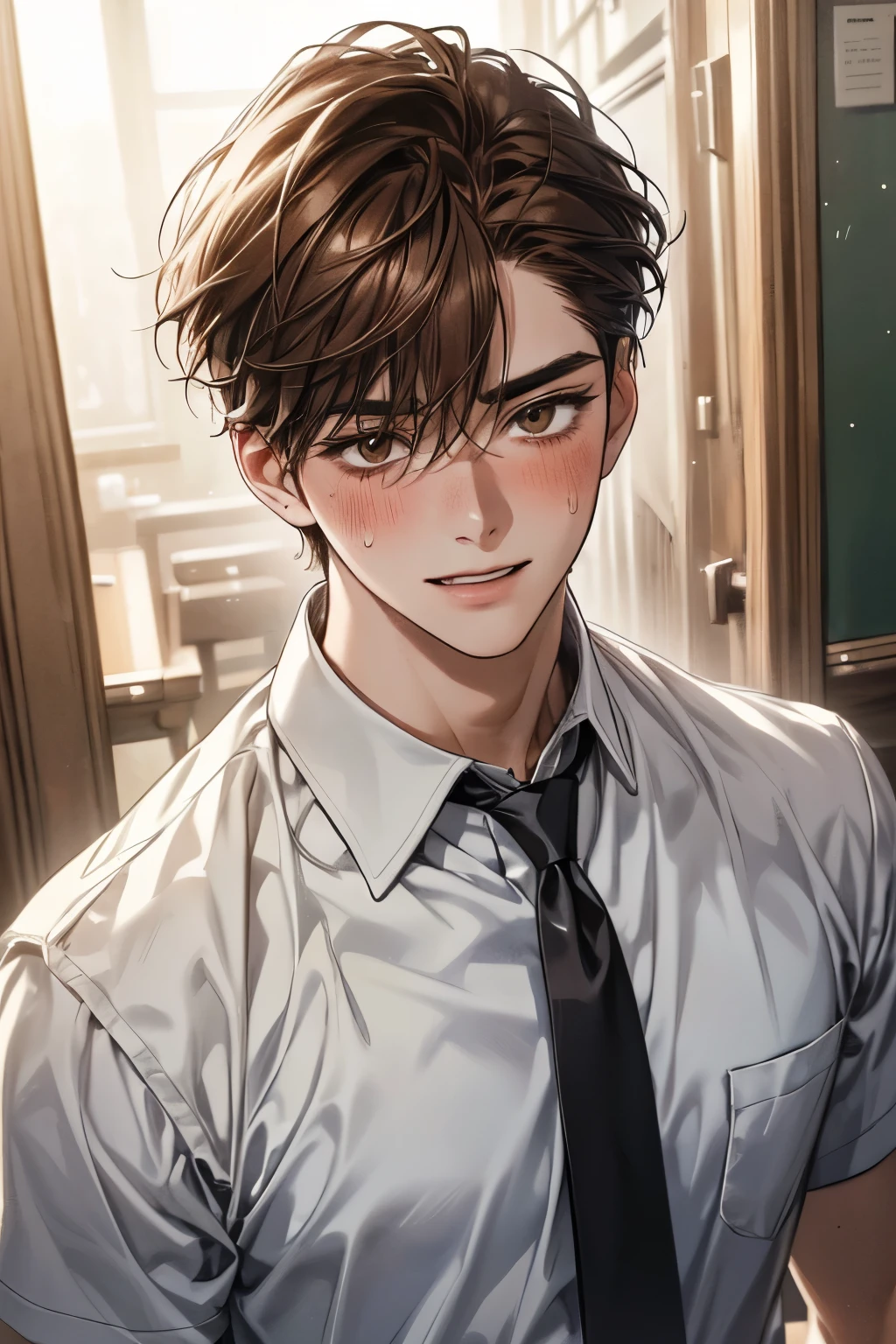 1male, modern school, smile with eyes, giggle, blush, sweats, sweating body, happy, brown hair, brown eyes,modern school uniform, neckties, highschool student, school background, japanese school, (masterpiece:1.21),(bestquality:1.21),8k,high detailed,ultra-detailed,photography,award winning,documentary,Original Photo,Realisticity,solo,physically-based rendering,depth of field,(low saturation:1.3),(1boy;1.4:1.1),a male,silm,Real Skin Texture,White Marble Glowing Skin,model,thick eyebrows,model(random_color_clothing:1.45),(random stylish pose action:1.1), (closeup view shot)