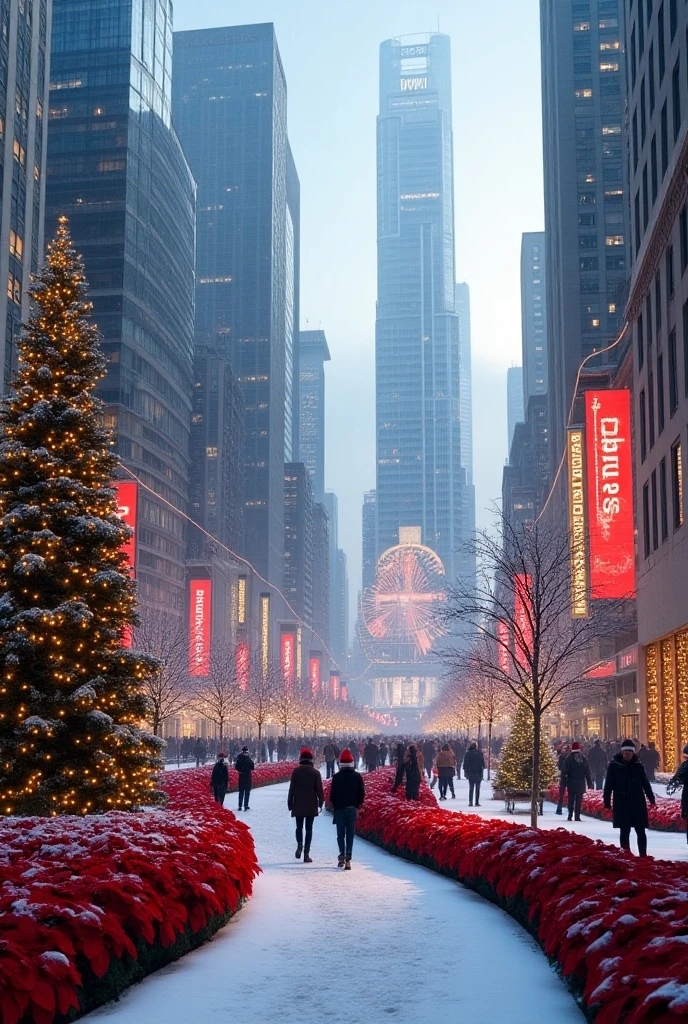 City of modern architecture, at Christmas time, large christmas decorations, Christmas tree, People walking, poinsettia path top 1