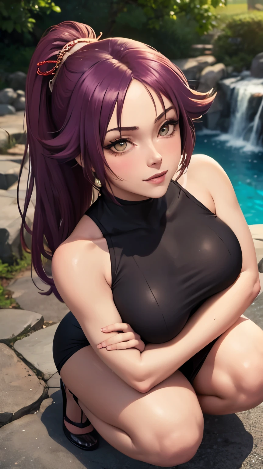 indoors、long_tracksuit、((masterpiece, Yoruichi Best Quality, high resolution, Perfect Pixel, 8K))), 1 girl、 ((Bangs、gorgeous hairs))、((Beautiful eyelashes、Realistic eyes))、 ((Detailed face, Blushing:1.2))、((Smooth texture:0.75, Realistic texture:0.65, Photorealistic:1.1, Anime CG style))、Seen from above、 High angle shot、Perfect body、Squatting on floor、legs wide open、background waterfall、Perfect realistic representation of face (no-bra)、seducing face at viewer、beautiful portrait、very High quality、ultra high definition、 ultra high quality、ultra high clarity)、wet thighs、insanely detailed dress、curvy body、dark skin、posing for a hot pic、best image quality、best clarity、 highest resolution、8k resolution、ultra high resolution、beautiful smile、Very embarassing panic smile、 gorgeous representation of a face、curvy body、 glowing skin、perfect body、dynamic lightning、 (innocent_big_eyes:1.0)、Bright_Front_face_Lighting、shiny skin、bokeh:1.2、(vibrant_color:1.2)、Full body shot、professional photograph、(Beautiful,large_Breasts:1.4)、 (beautiful_face:1.5)、High saturation 