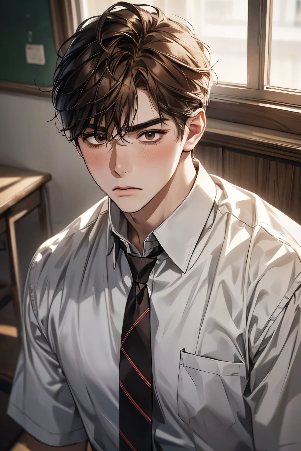 1male, modern school, frown, blush, brown hair, brown eyes,modern school uniform, neckties, highschool student, school background, japanese school, (masterpiece:1.21),(bestquality:1.21),8k,high detailed,ultra-detailed,photography,award winning,documentary,Original Photo,Realisticity,solo,physically-based rendering,depth of field,(low saturation:1.3),(1boy;1.4:1.1),a male,silm,Real Skin Texture,White Marble Glowing Skin,model,thick eyebrows,model(random_color_clothing:1.45),(random stylish pose action:1.1), (closeup view shot)