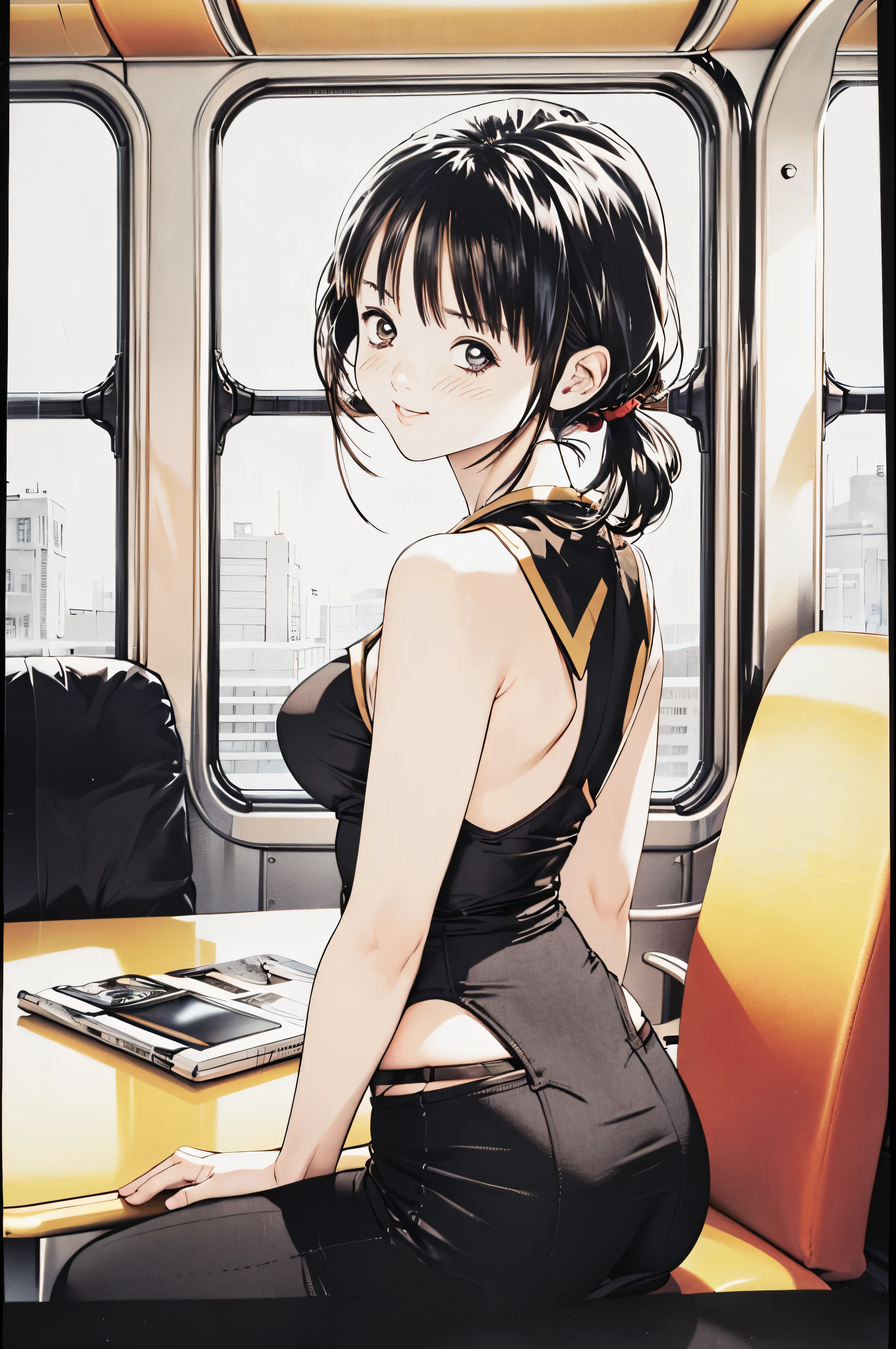 (8k、top-quality、​masterpiece:1.2)、(Realistic、 ultra-detailed、 ultra high resolution、 1 girl, Beautiful Girl,  beautiful and elaborate face , perfect body,((  black hair、 ponytails )),((Daytime)),narrow、( Slim Waist  :1.3)、Beautiful detailed skin、 skin texture、Floating Hair、((daylight)),(( office lady ,  sitting desk in the back seat of the bus,Wear red glasses,Knee)),,Full face blush,((Daytime))((  upper body shot of a sexual target  ))、Embarrassed、smile、