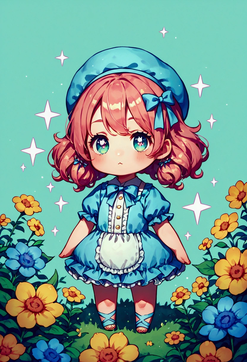 score_9, score_8_up, score_7_up, solo, A cute chibi girl with a big head, sparkling oversized eyes, tiny body, wearing a colorful frilly dress, pastel color palette, kawaii style, standing in a meadow of flowers, soft background, anime-inspired art