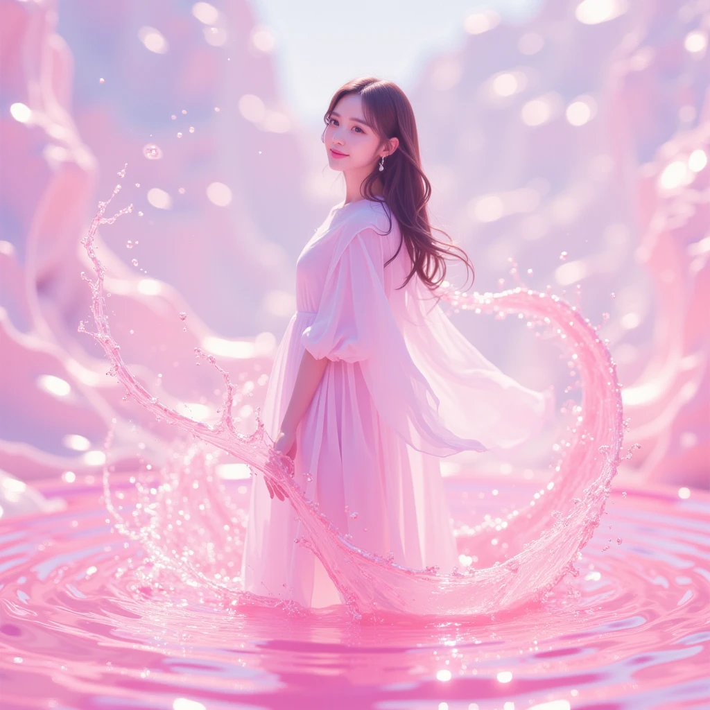 1girl, solo, color style5 texture influence image,glittering effects,soft color,beautiful gradation,background is color style5,  a water droplet splashing into pink liquid, creating an abstract pattern.