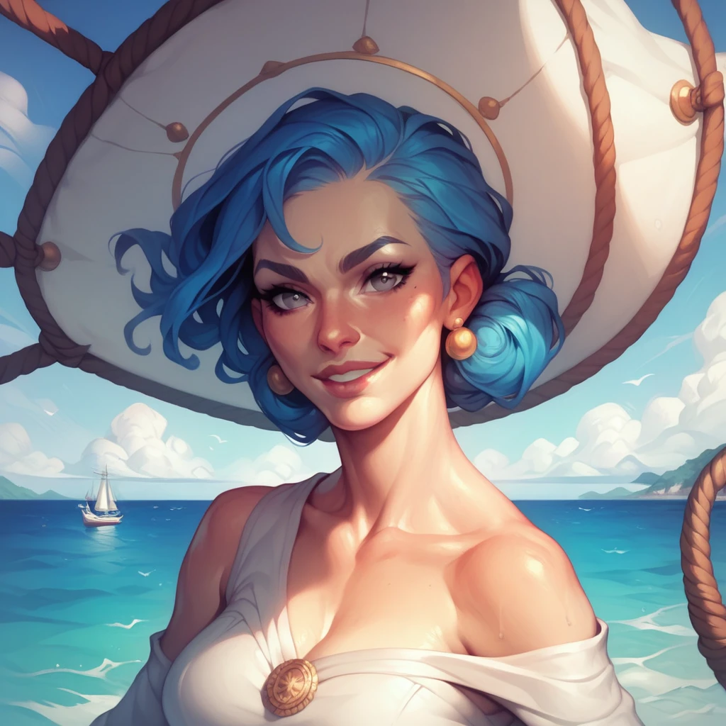   She has long blue hair and gray eyes. She has the face of a respectful character, calm, wearing white clothes, a confident personality, on a ship at sea