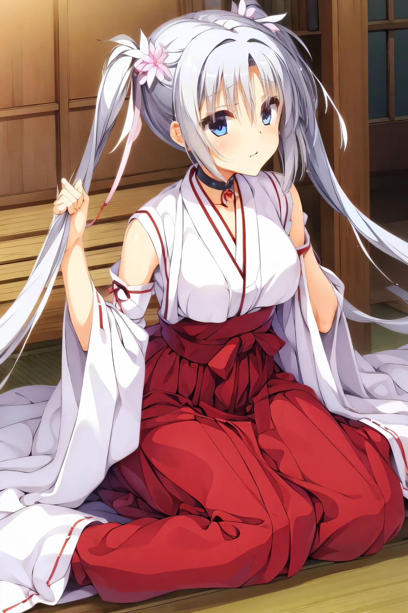 NSFW,masterpiece, best quality, Hi-Res, very detailed,Asatake Yoshino , very long hair、(Gray Hair:1.1)、 hair bow、Floating hair、 twin tails、 hair intake、 hair flower 、Hair accessories、bangs、 blue eyes,(Sex slave:1.5), choker、kimono、Shrine maiden、 white kimono、 Long Sleeve 、Sleeveless、Ribbon sleeves、Wide sleeves、Sleeves to wrist、 Medium Bust 、 long skirt、 hakama skirt、Red Hakama、 socks