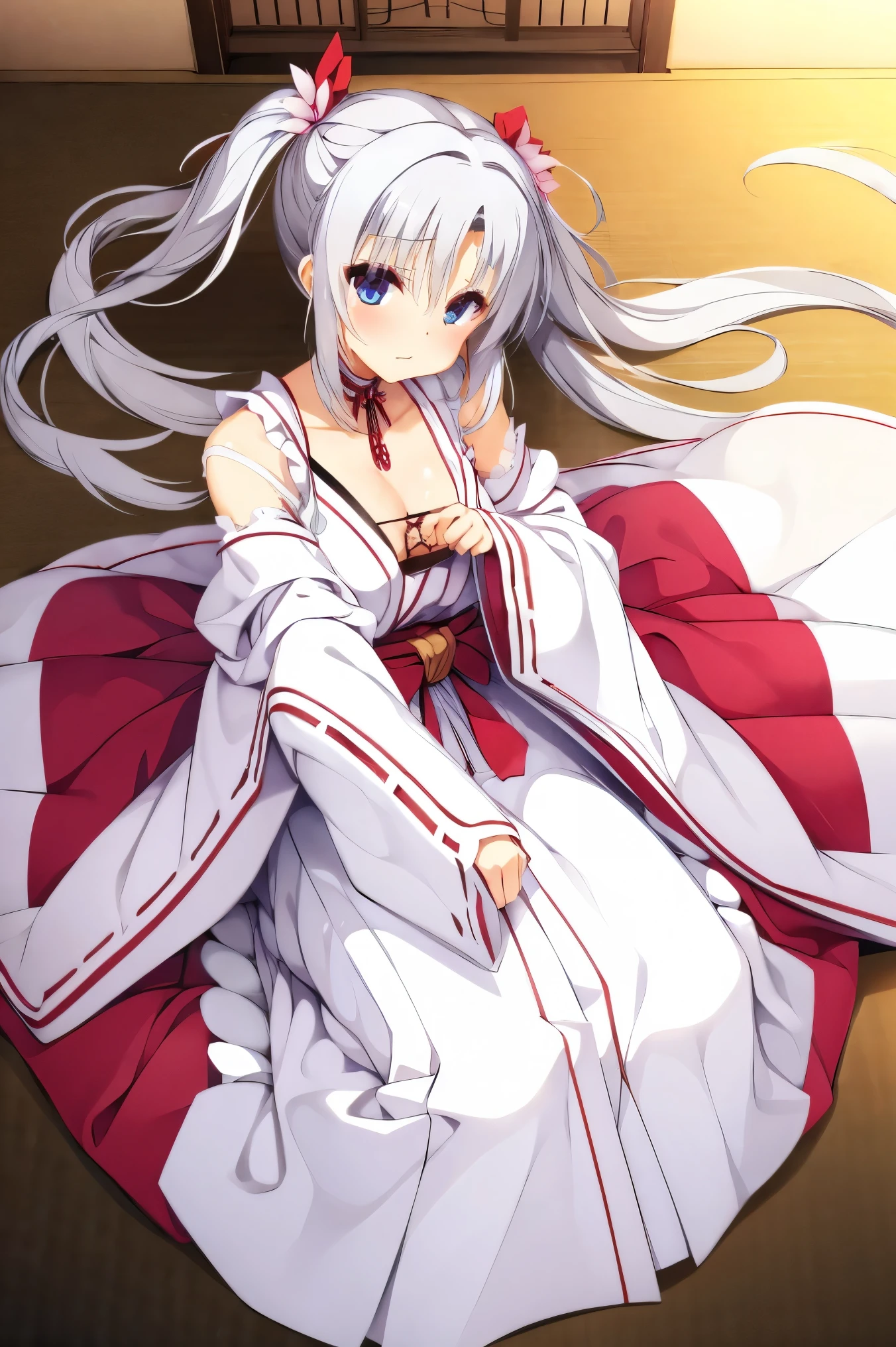 NSFW,masterpiece, best quality, Hi-Res, very detailed,Asatake Yoshino , very long hair、(Gray Hair:1.1)、 hair bow、Floating hair、 twin tails、 hair intake、 hair flower 、Hair accessories、bangs、 blue eyes,(Sex slave:1.5), choker、kimono、Shrine maiden、 white kimono、 Long Sleeve 、Sleeveless、Ribbon sleeves、Wide sleeves、Sleeves to wrist、 Medium Bust 、 long skirt、 hakama skirt、Red Hakama、 socks