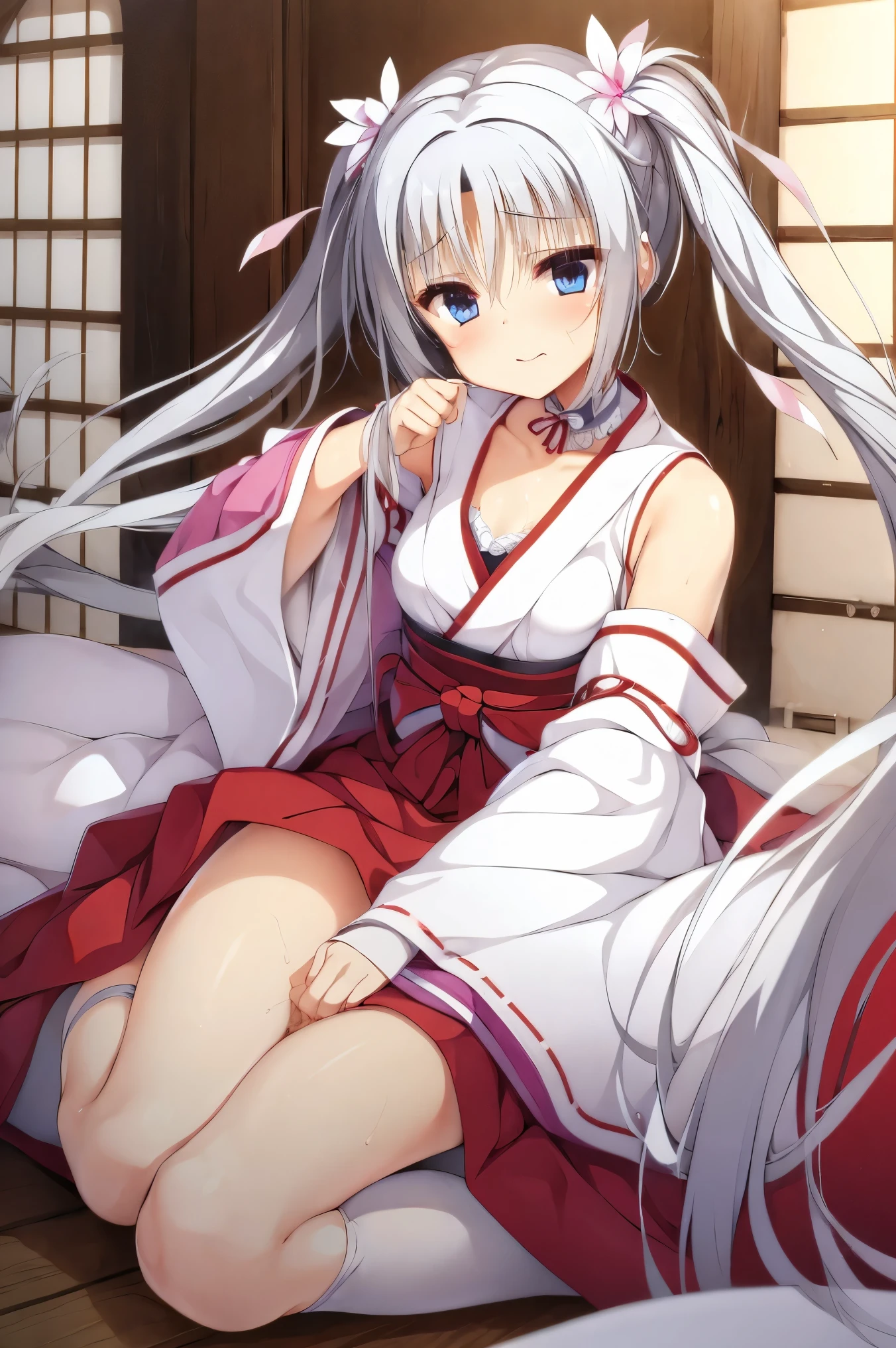 NSFW,masterpiece, best quality, Hi-Res, very detailed,Asatake Yoshino , very long hair、(Gray Hair:1.1)、 hair bow、Floating hair、 twin tails、 hair intake、 hair flower 、Hair accessories、bangs、 blue eyes,(Sex slave:1.5), choker、kimono、Shrine maiden、 white kimono、 Long Sleeve 、Sleeveless、Ribbon sleeves、Wide sleeves、Sleeves to wrist、 Medium Bust 、 long skirt、 hakama skirt、Red Hakama、 socks