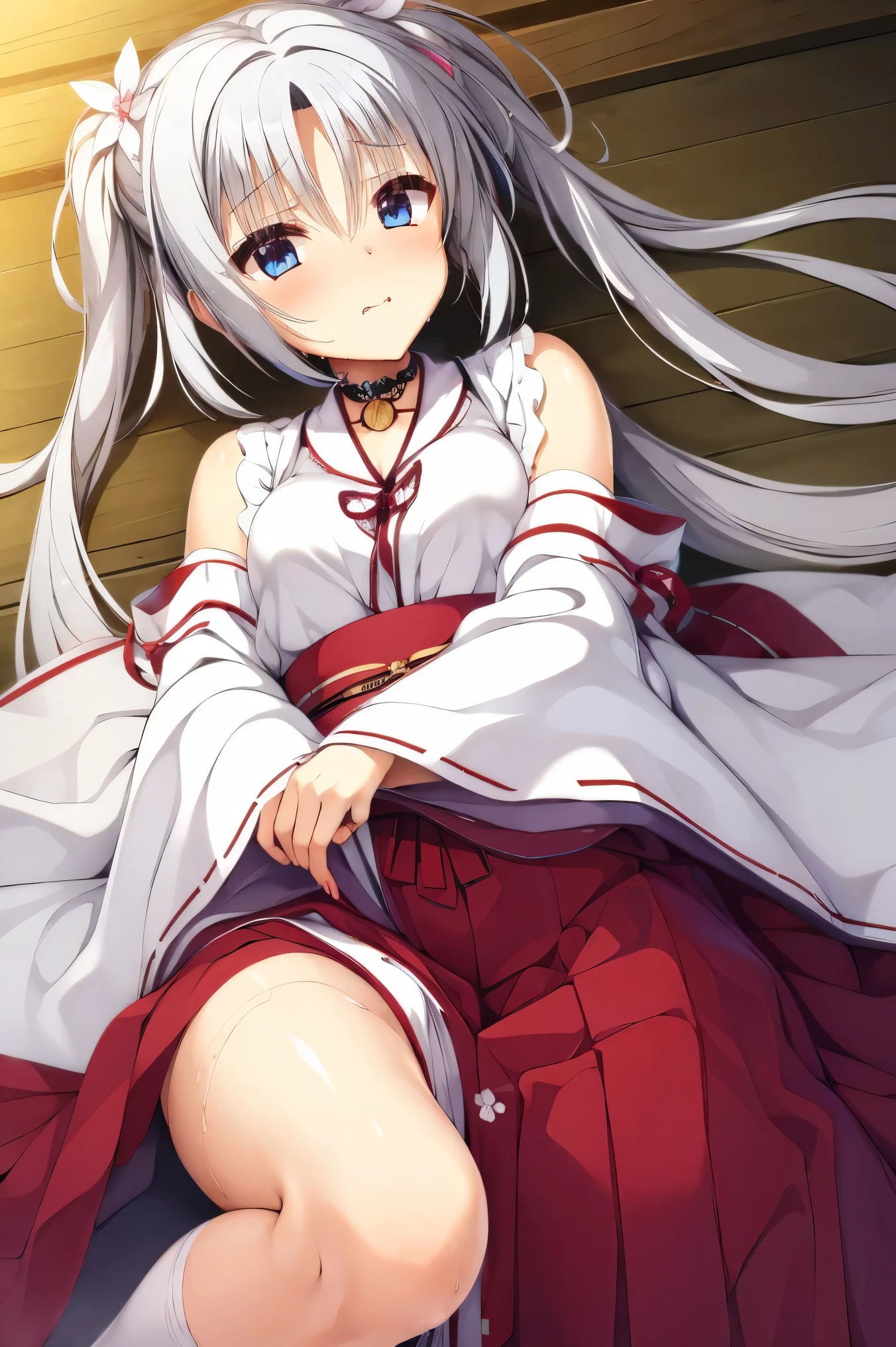 NSFW,masterpiece, best quality, Hi-Res, very detailed,Asatake Yoshino , very long hair、(Gray Hair:1.1)、 hair bow、Floating hair、 twin tails、 hair intake、 hair flower 、Hair accessories、bangs、 blue eyes,(Sex slave:1.5), choker、kimono、Shrine maiden、 white kimono、 Long Sleeve 、Sleeveless、Ribbon sleeves、Wide sleeves、Sleeves to wrist、 Medium Bust 、 long skirt、 hakama skirt、Red Hakama、 socks