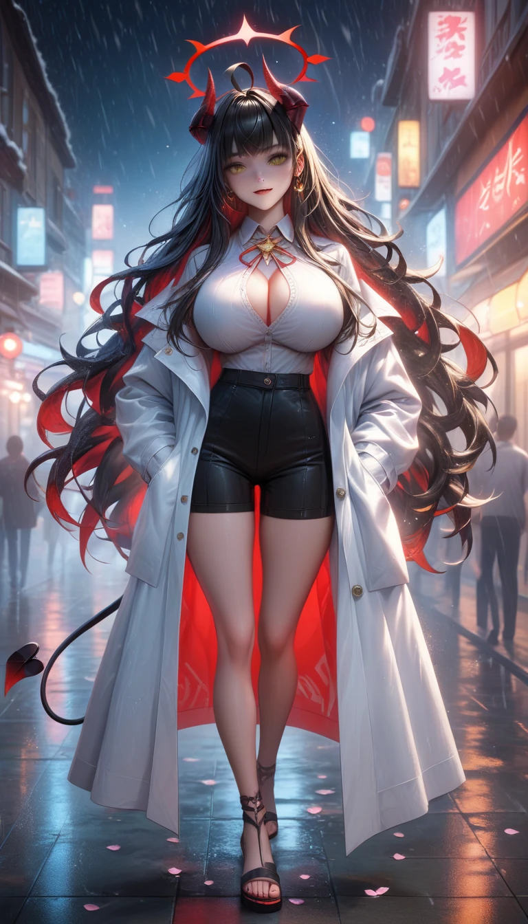 (ultra realistic,32k, masterpiece:1.2),(high detailed skin:1.1),( high quality:1.1), zzIllya, looking at viewer, night, outdoors, snowing, sky, BREAK, zzKasumi, black hair, demon horns, long hair, ahoge, halo, black horns, red halo, tail, yellow eyes, demon tail, black tail, fang, black shorts, collared shirt, lab coat, sandals, shirt tucked in, white coat, ,BREAK, blooming stars, luminescent petals, otherworldly fragrance blurry background, (looking at viewer, standing:1.1), huge breast, large breast, (glowwave:1.1),
