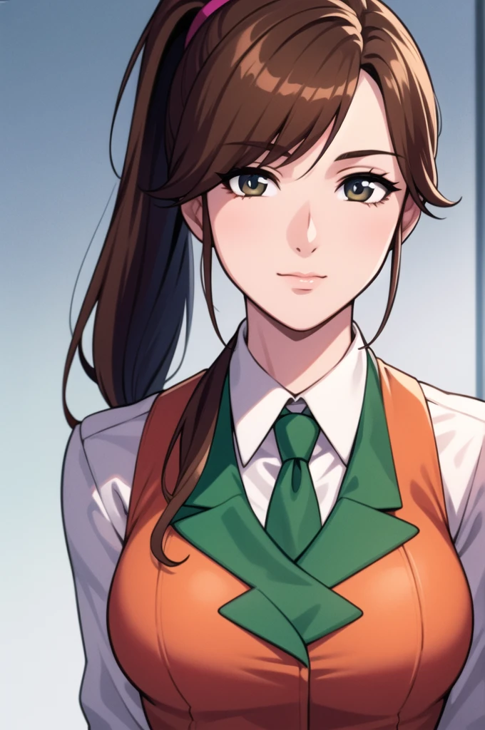 Wide angle picture, Simple Background,White Background,
jacket,orange vest, green necktie,uniform,collared shirt,
Brown eyes, Brown hair,bangs,Long hair, ponytail 
1 girl, 20yo,Young female,Beautiful long legs,Beautiful body,
Beautiful Nose,Beautiful character design, perfect eyes, perfect face,expressive eyes,perfect balance,
looking at viewer,(Focus on her face),closed mouth, (innocent_big_eyes:1.0),(Light_Smile:0.3),
official art,extremely detailed CG unity 8k wallpaper, perfect lighting,Colorful, Bright_Front_face_Lighting,White skin,
(masterpiece:1.0),(best_quality:1.0), ultra high res,4K,ultra-detailed,
photography, 8K, HDR, highres, absurdres:1.2, Kodak portra 400, film grain, blurry background, bokeh:1.2, lens flare, (vibrant_color:1.2),professional photograph,
(Beautiful, medium_Breasts:1.4), (beautiful_face:1.5),(narrow_waist),