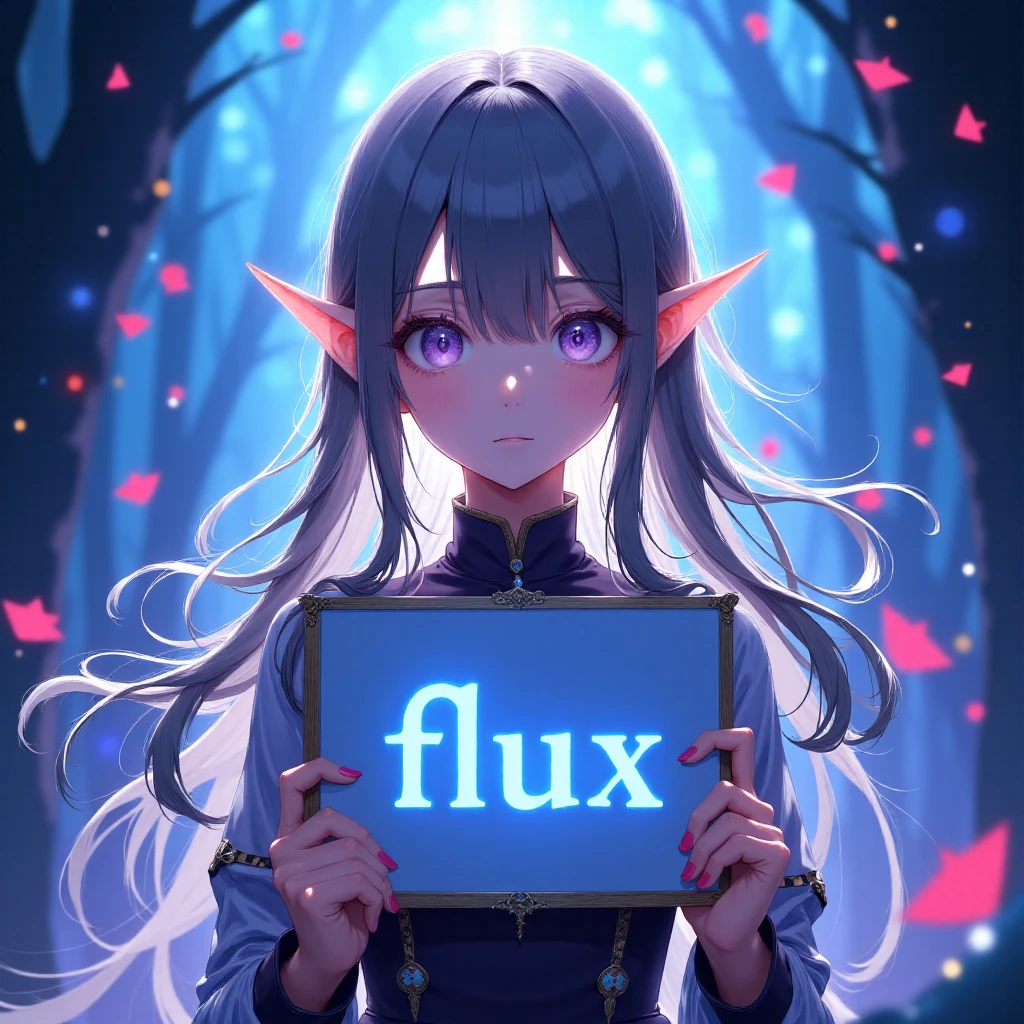  Supreme Masterpiece、anime、Elf girl holding a sign with FLUX written on it