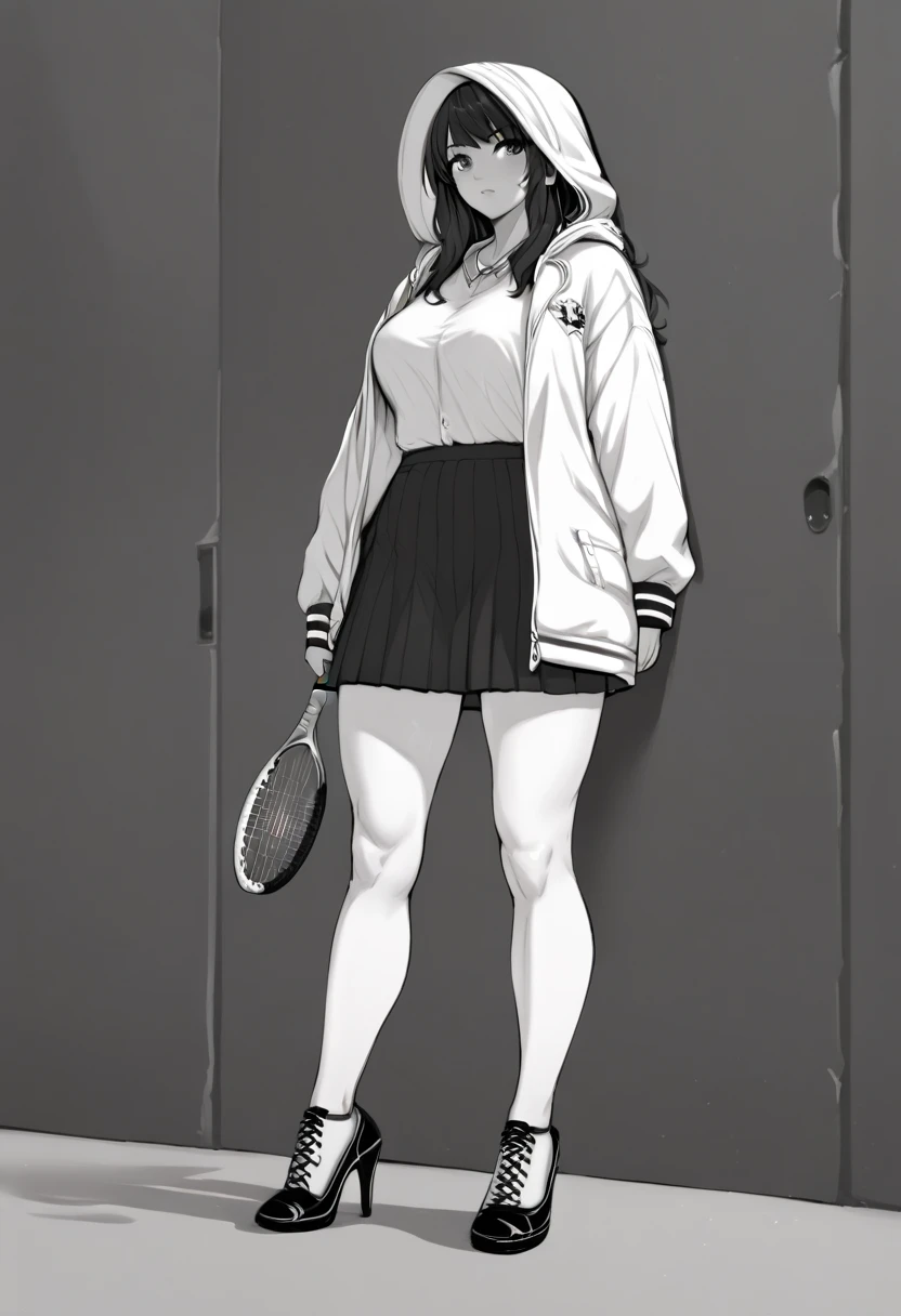 A girl in a hockey skirt and hockey top in front of a wall wearing high heels, 1 , Alone, in this, tem, monochrome,  grayscale, tennis, long hair, shoe, hood