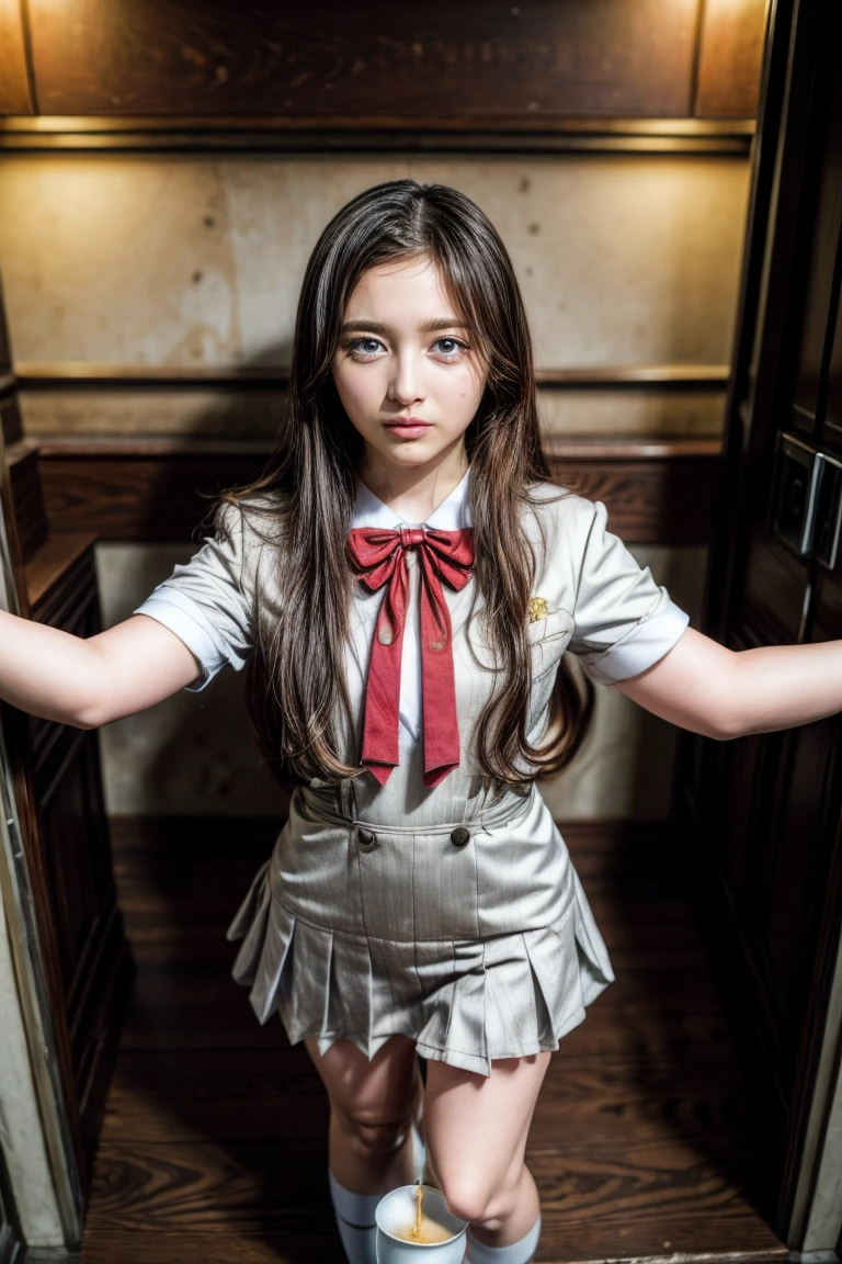 ((masterpiece,Best Quality,High image quality,Genuine,RAW Photos,8k)),Starbucks,Bright coffee shop in the city,Thin Nose,Beautiful Face,1 female,beautiful girl,a junior high school students,(standing:1.3),,(dark Hair,Straight Long Hair:1.2),(Uniforms for Junior high school students:1.3),((desperate pose:1.2)),(full body:1.2),from above, looking down,(open legs,bow-legged:1.5),((Pissing in a cup:1.5))